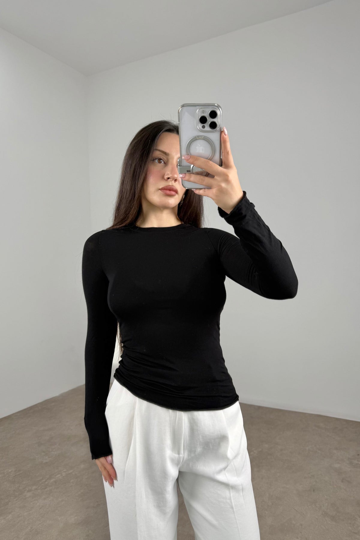 Sıfır Yaka Soft Kumaş Yarı Transparan Siyah Body