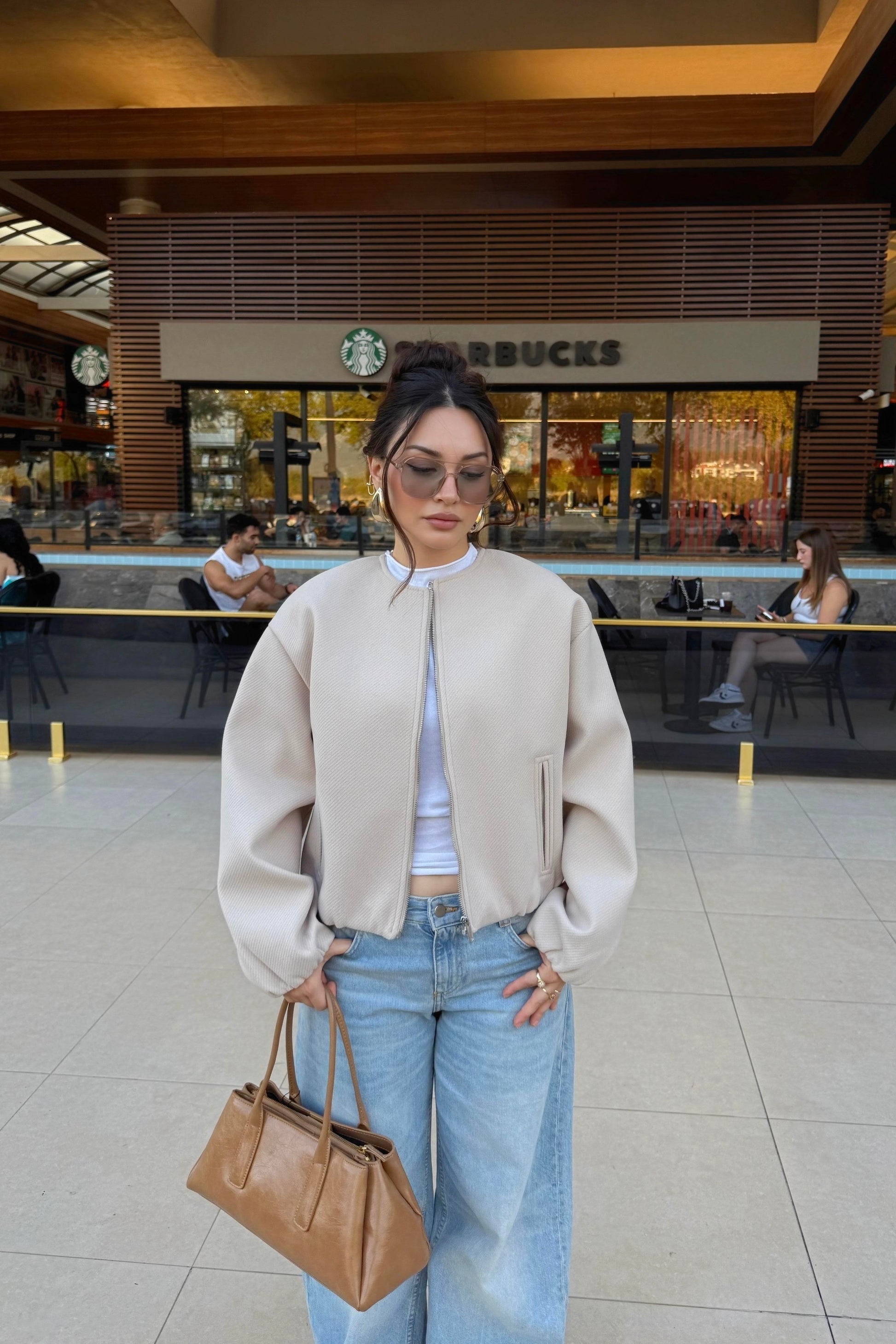Sıfır Yaka Yün Karışımlı Premium Taş Bomber Ceket