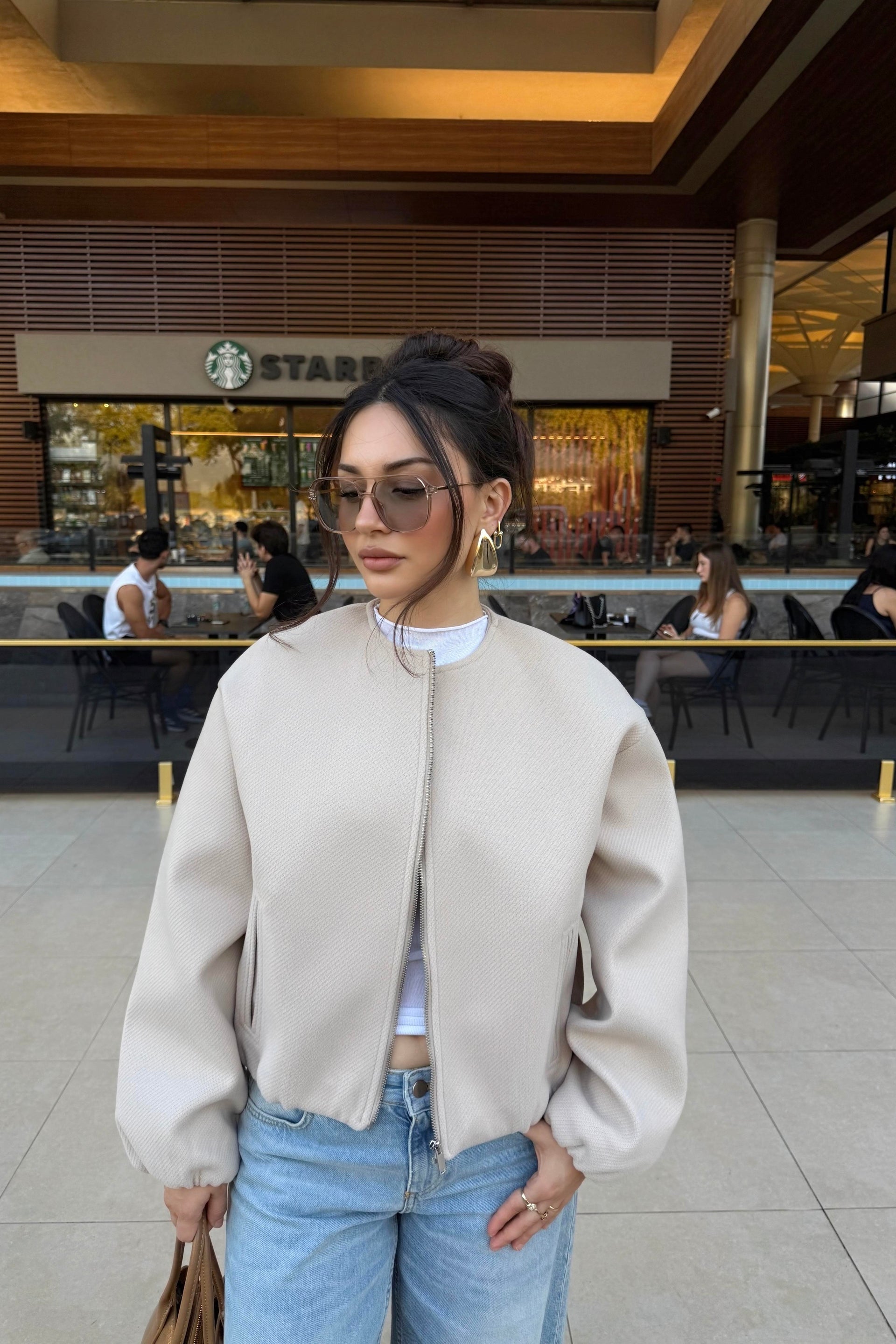 Sıfır Yaka Yün Karışımlı Premium Taş Bomber Ceket
