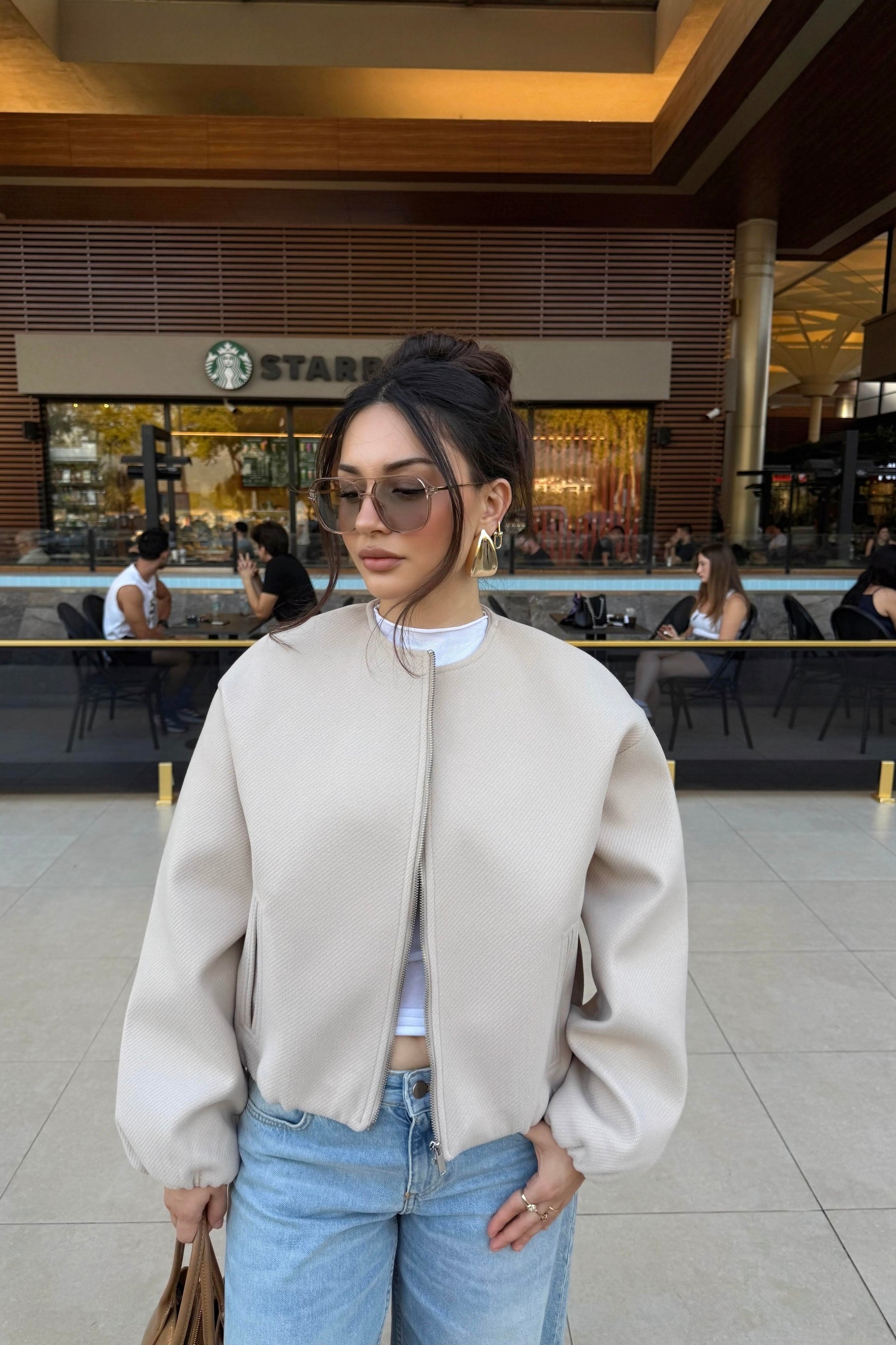 Sıfır Yaka Yün Karışımlı Premium Taş Bomber Ceket