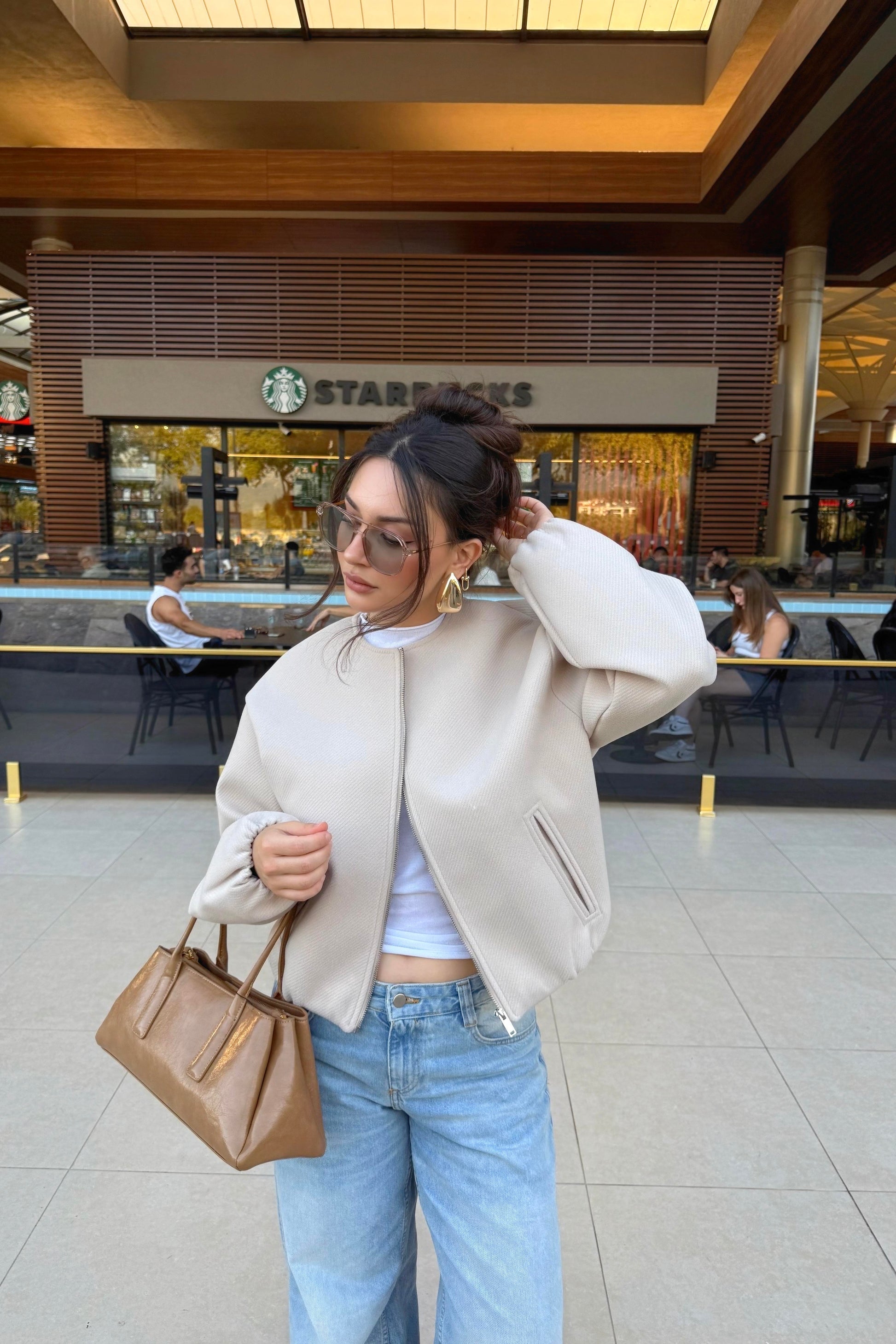 Sıfır Yaka Yün Karışımlı Premium Taş Bomber Ceket