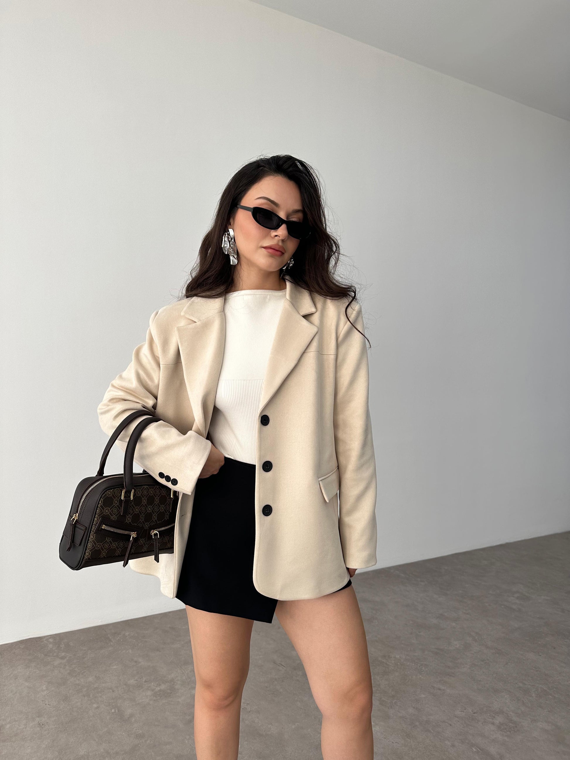 Süet Ekru Klasik Blazer Ceket