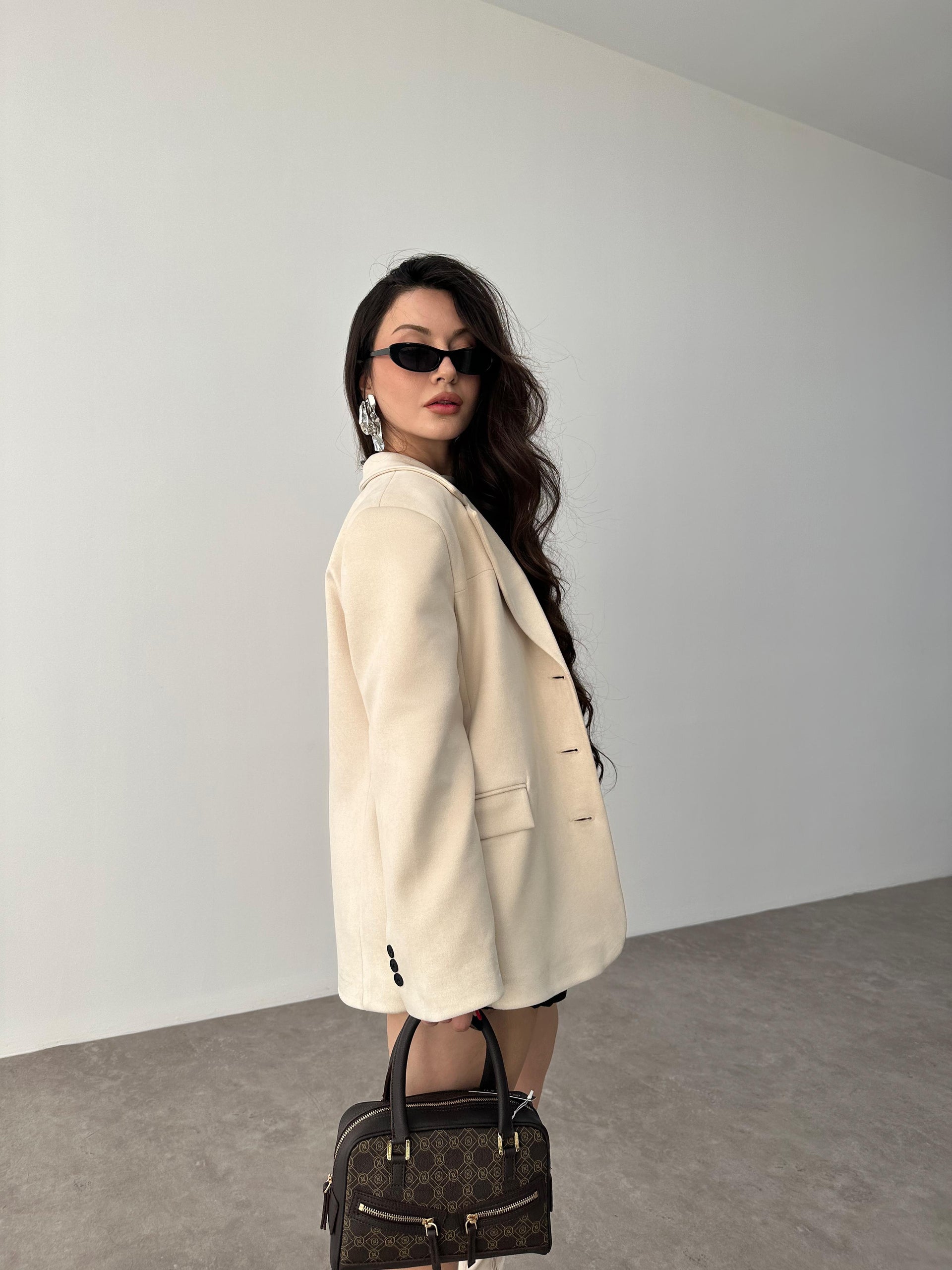 Süet Ekru Klasik Blazer Ceket