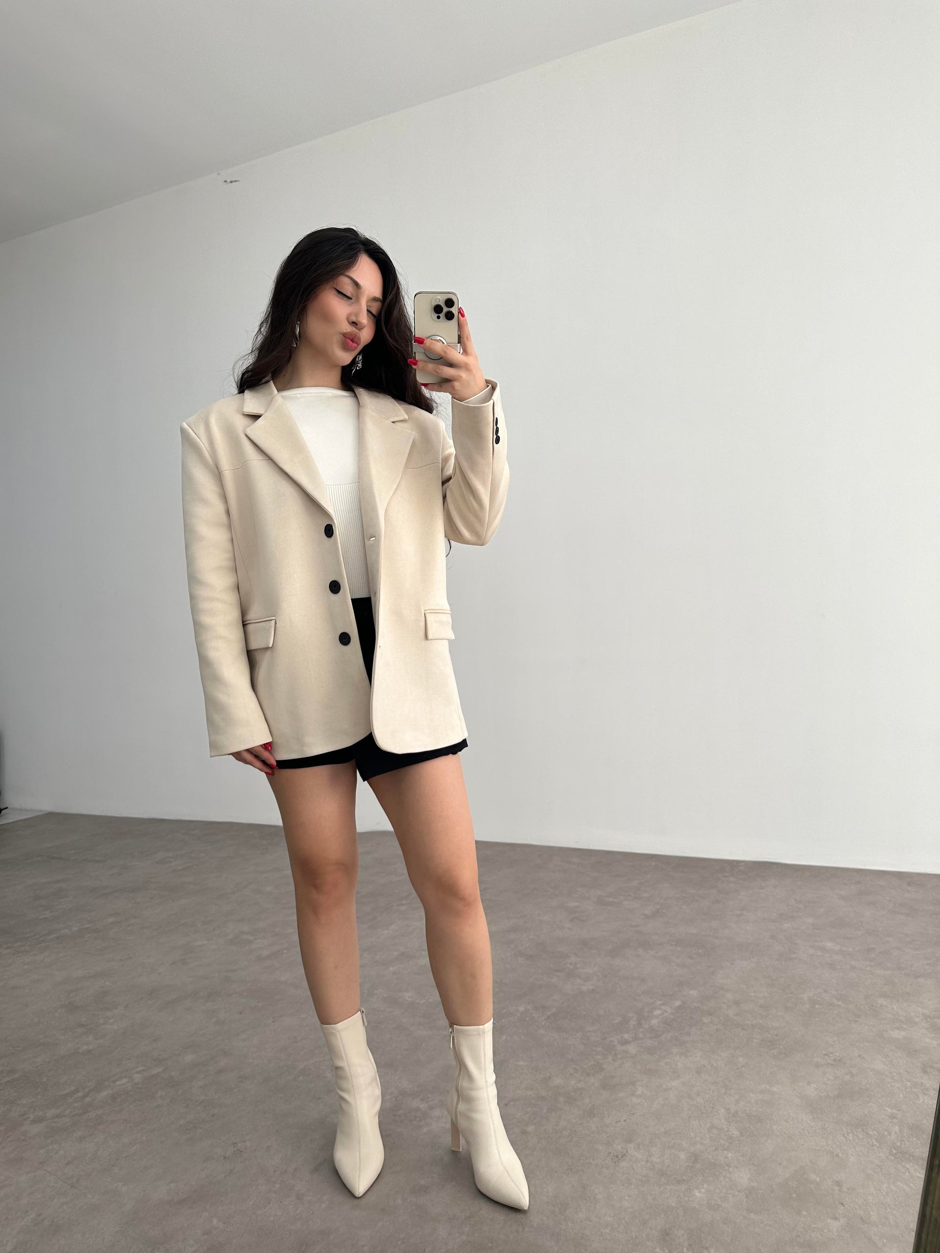 Süet Ekru Klasik Blazer Ceket