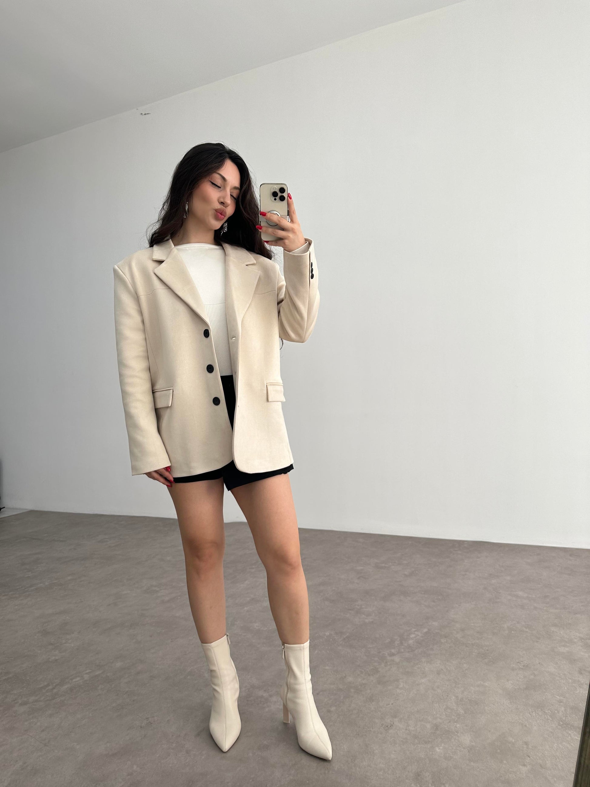 Süet Ekru Klasik Blazer Ceket