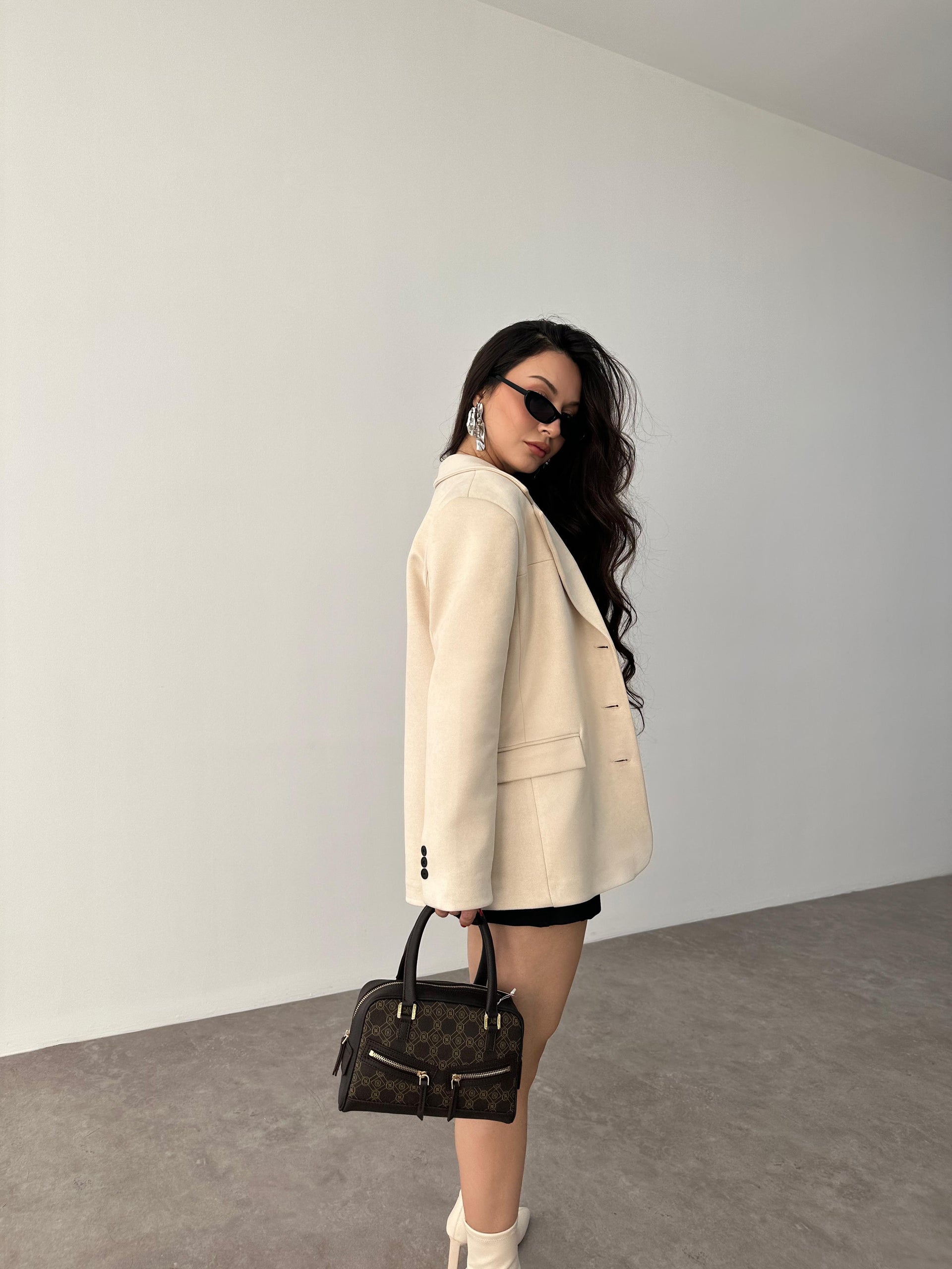 Süet Ekru Klasik Blazer Ceket