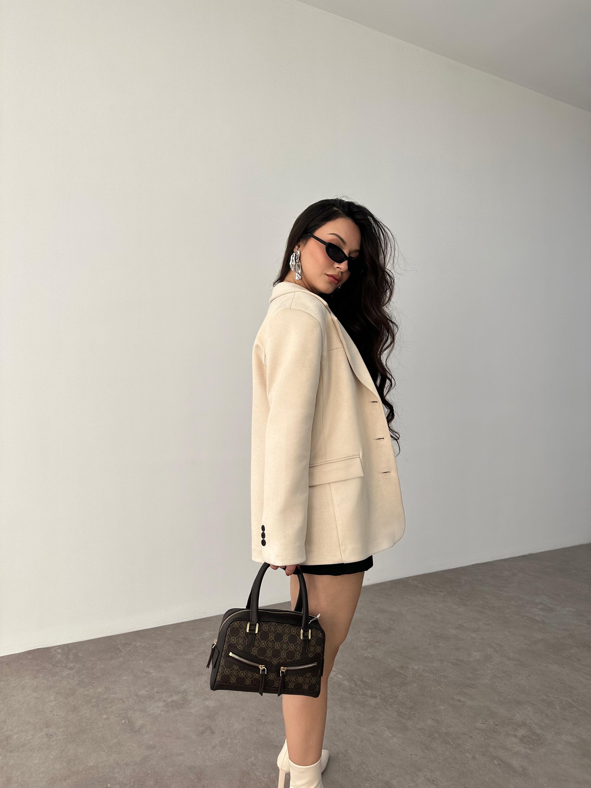 Süet Ekru Klasik Blazer Ceket