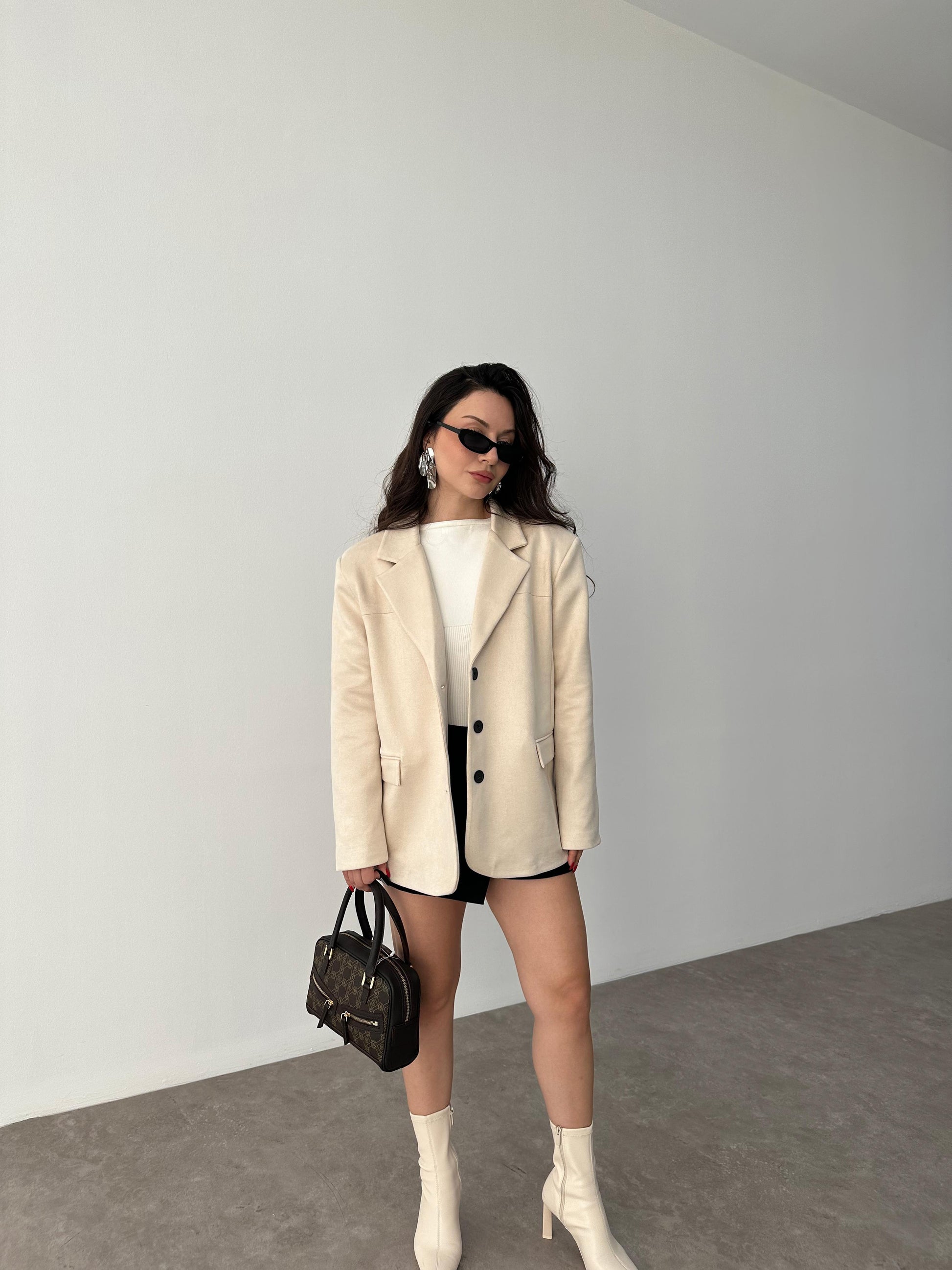 Süet Ekru Klasik Blazer Ceket