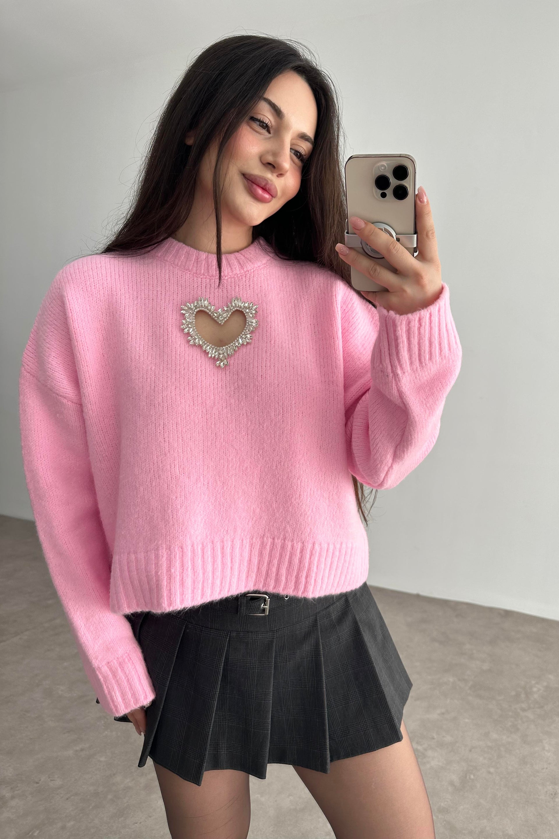Taşlı Kalp Detaylı Pembe Triko kazak