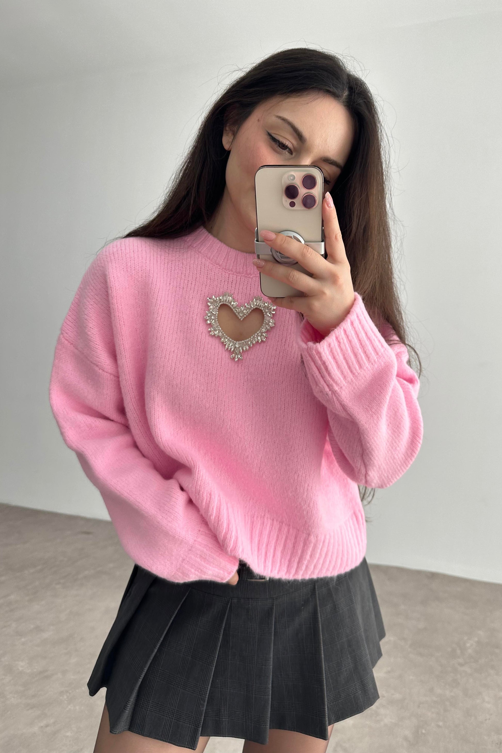 Taşlı Kalp Detaylı Pembe Triko kazak