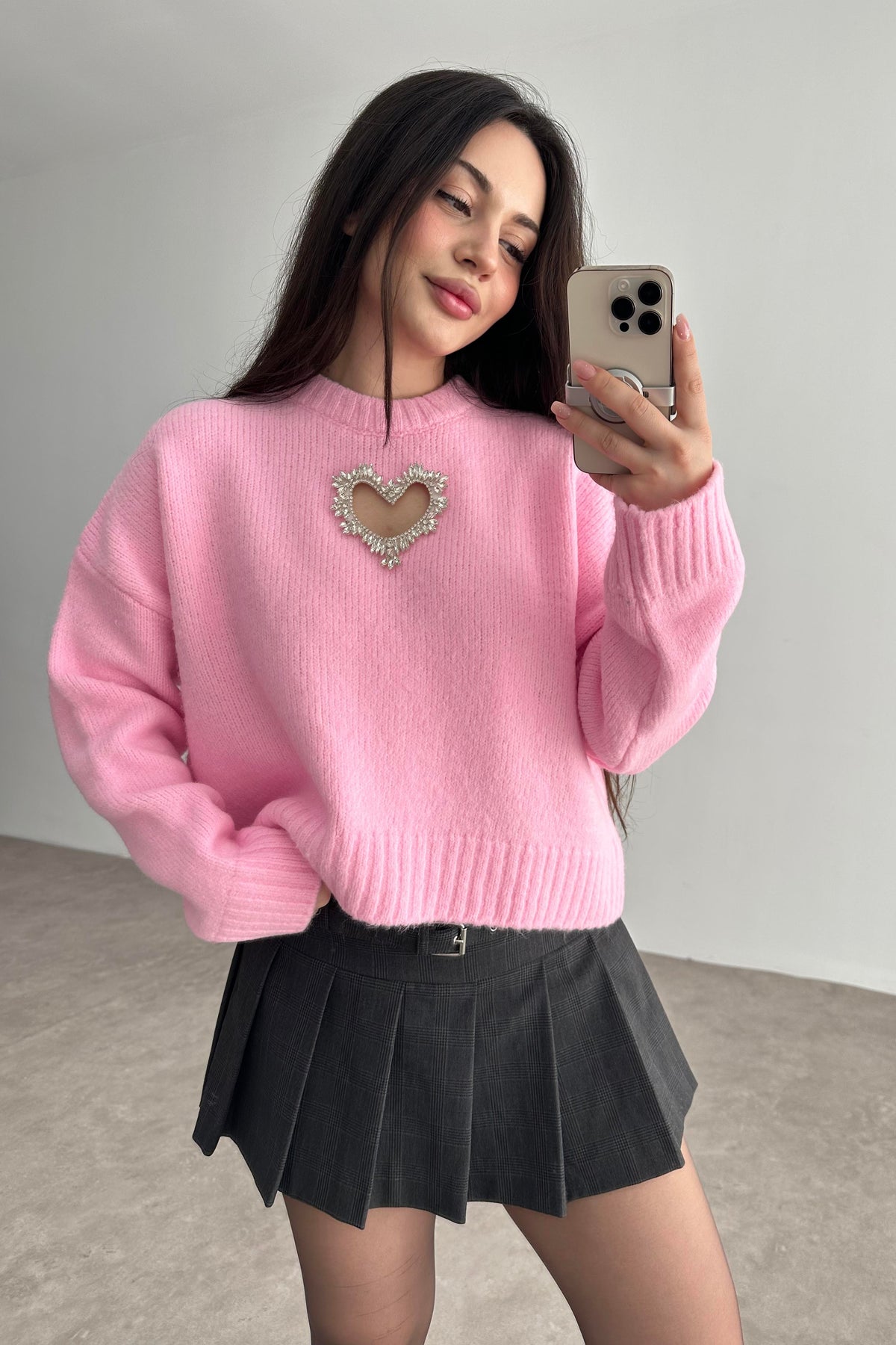 Taşlı Kalp Detaylı Pembe Triko kazak