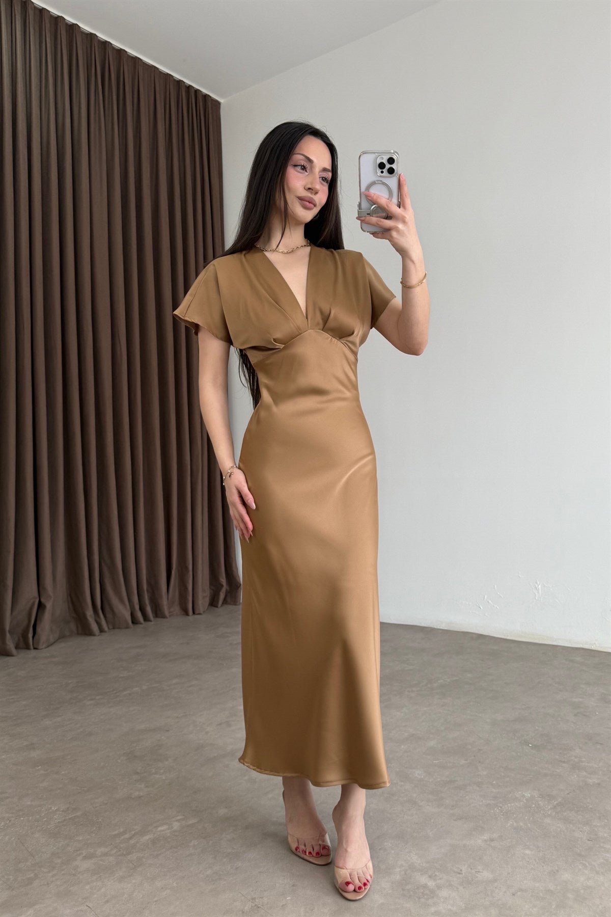 V Yaka Drapeli Bronz Saten Midi Elbise