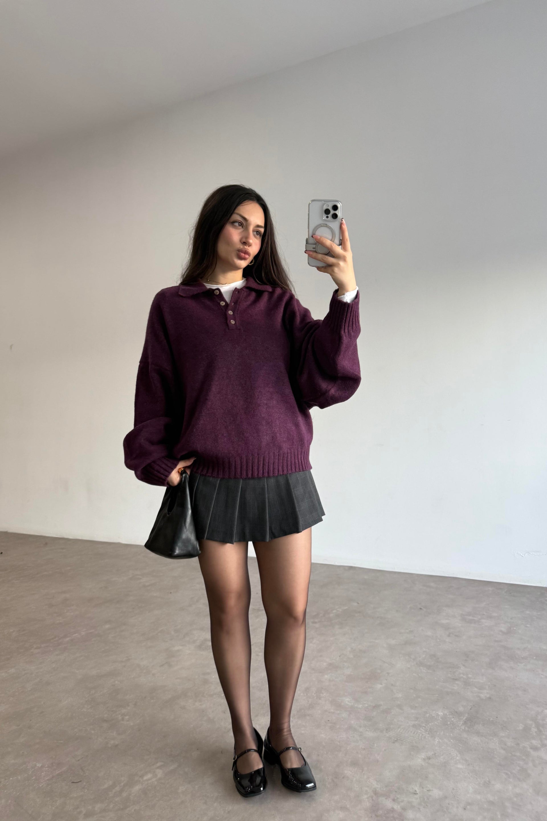 Yakalı Düğmeli Mürdüm Oversize Kazak