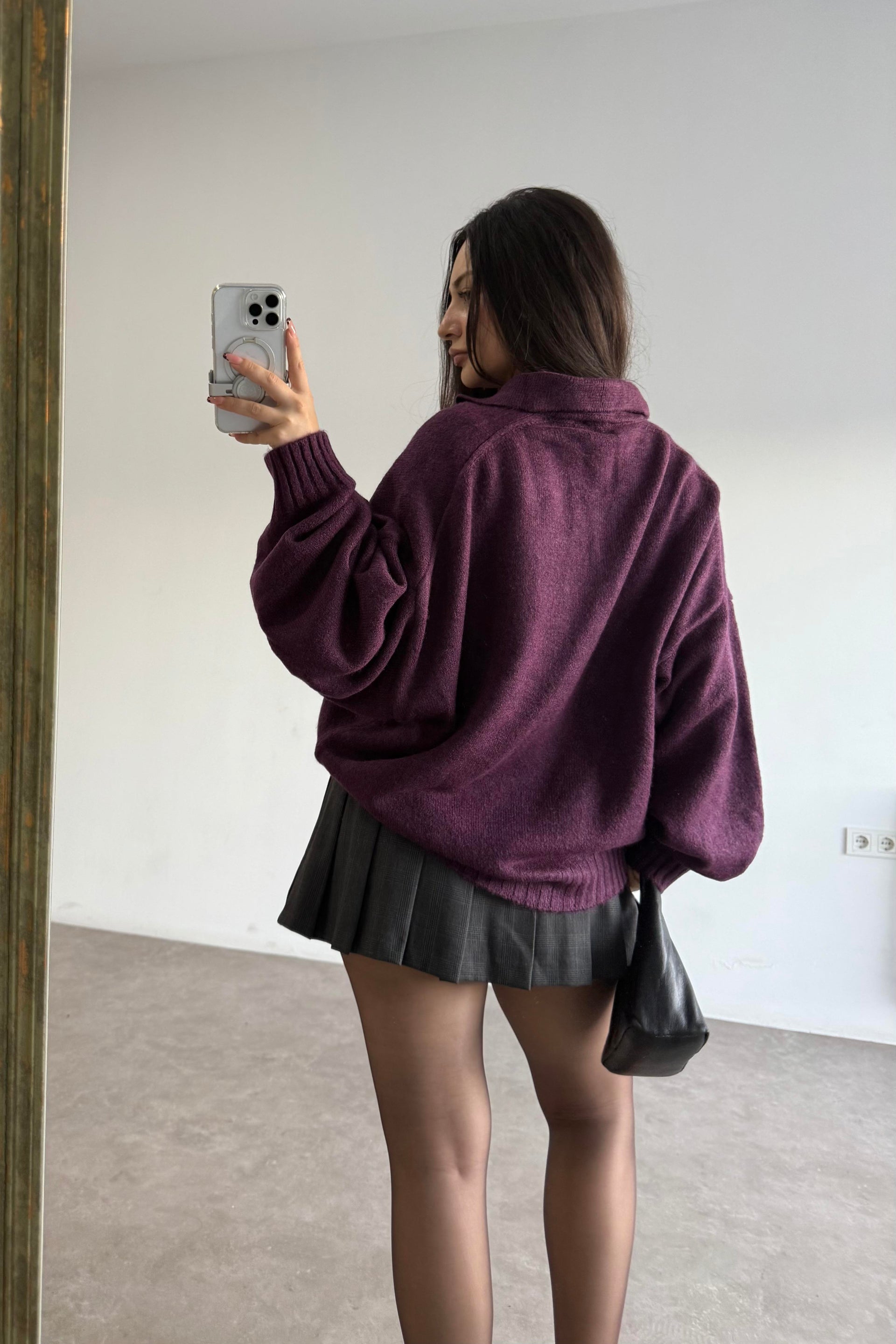 Yakalı Düğmeli Mürdüm Oversize Kazak
