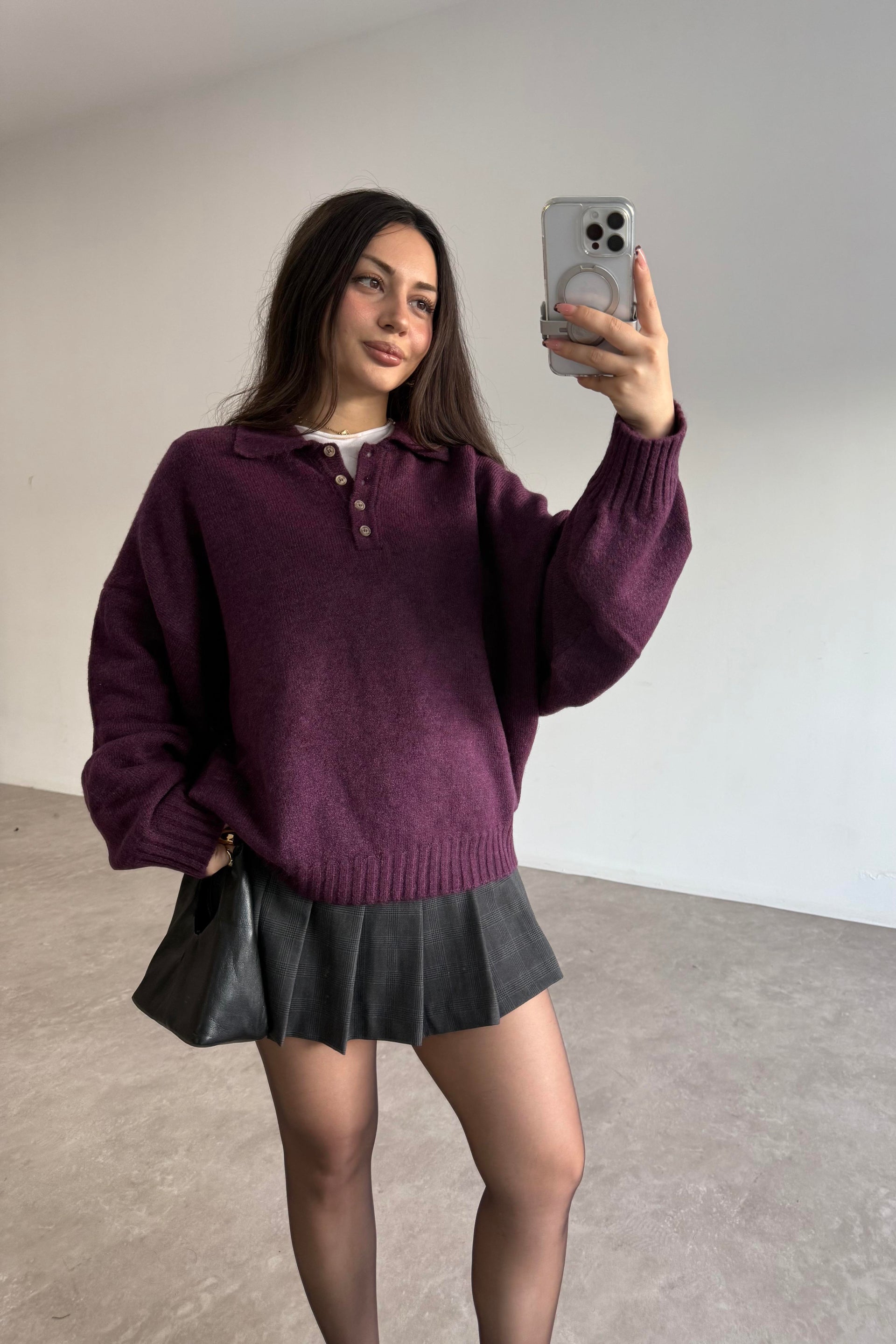 Yakalı Düğmeli Mürdüm Oversize Kazak