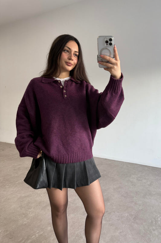 Yakalı Düğmeli Mürdüm Oversize Kazak