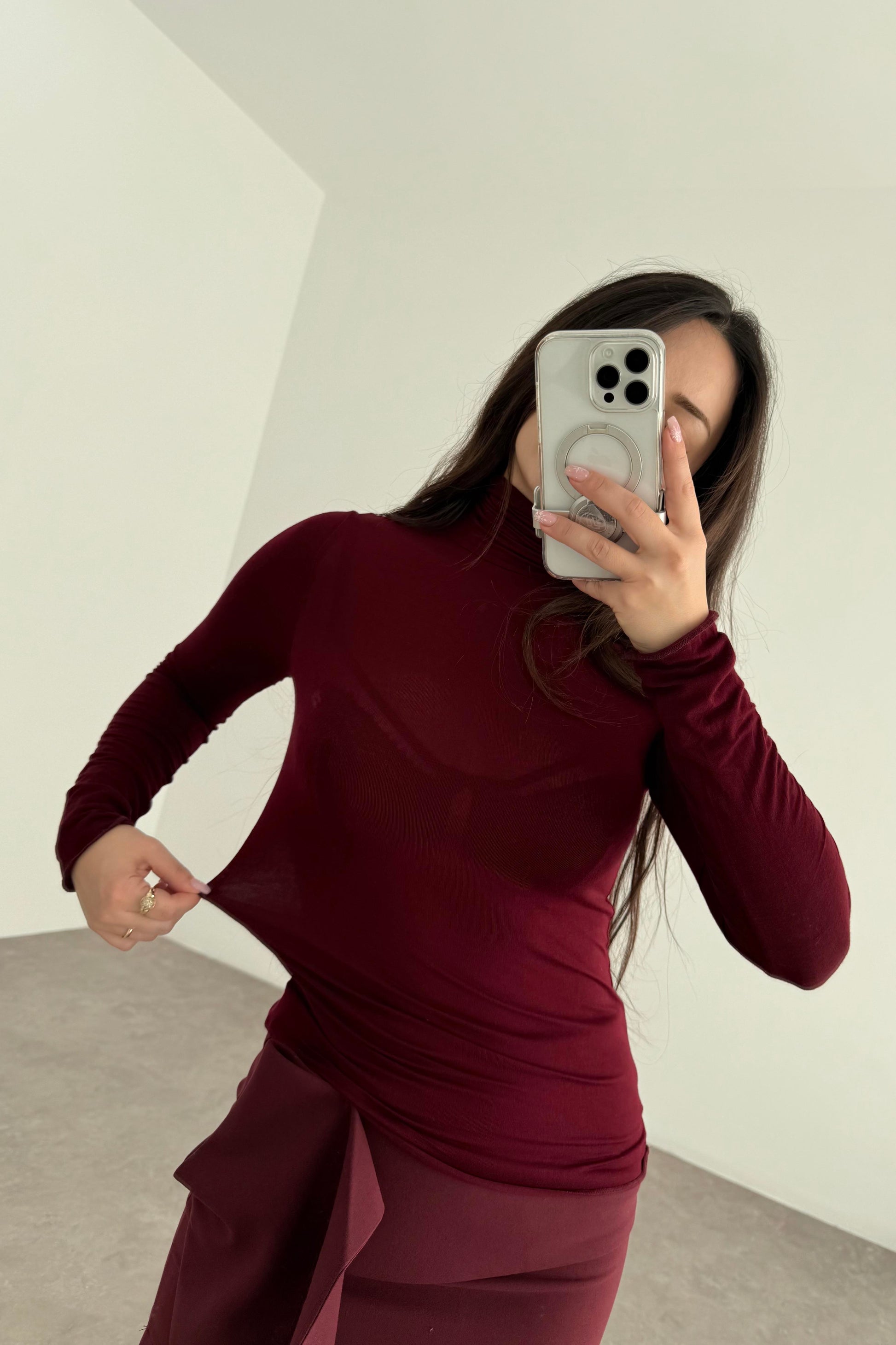 Yarı Transparan Basic Boğazlı Bordo Body