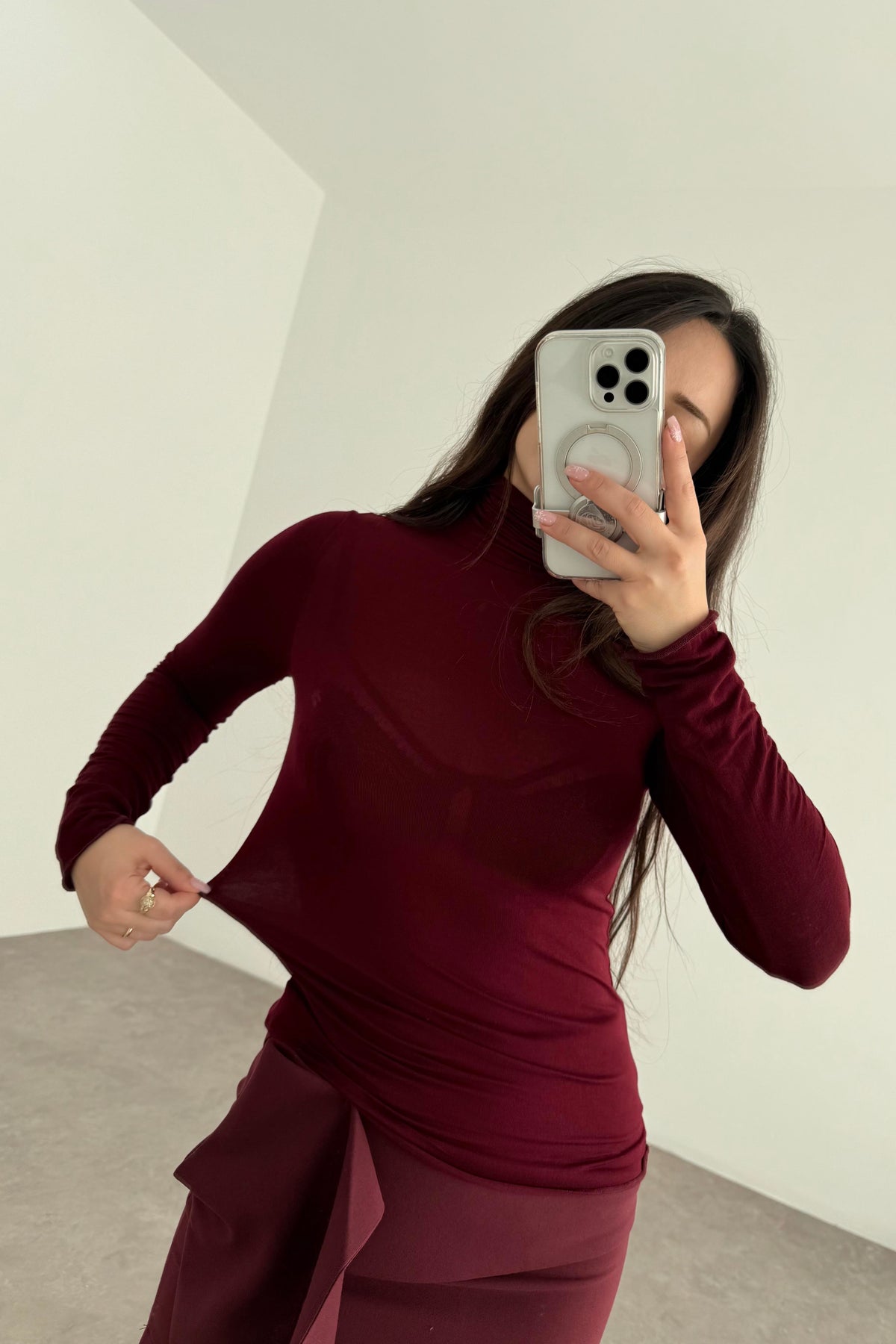 Yarı Transparan Basic Boğazlı Bordo Body