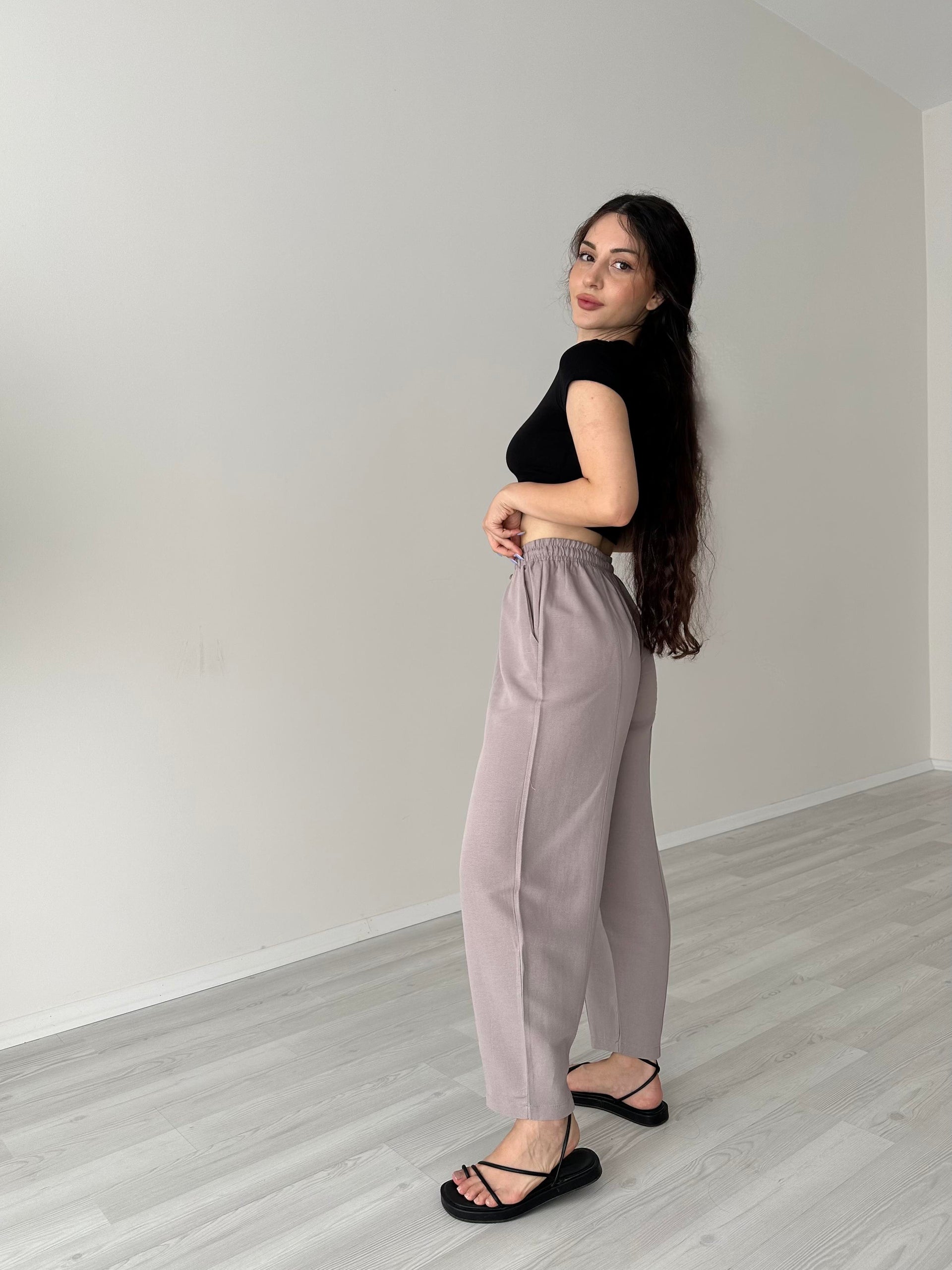 Yüksek Belli Keten Kahve Dar Paça Pantolon