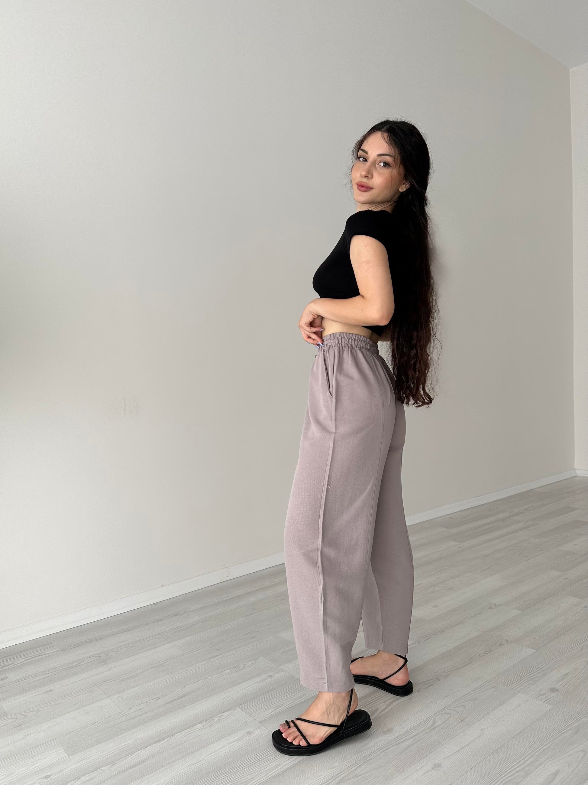 Yüksek Belli Keten Kahve Dar Paça Pantolon