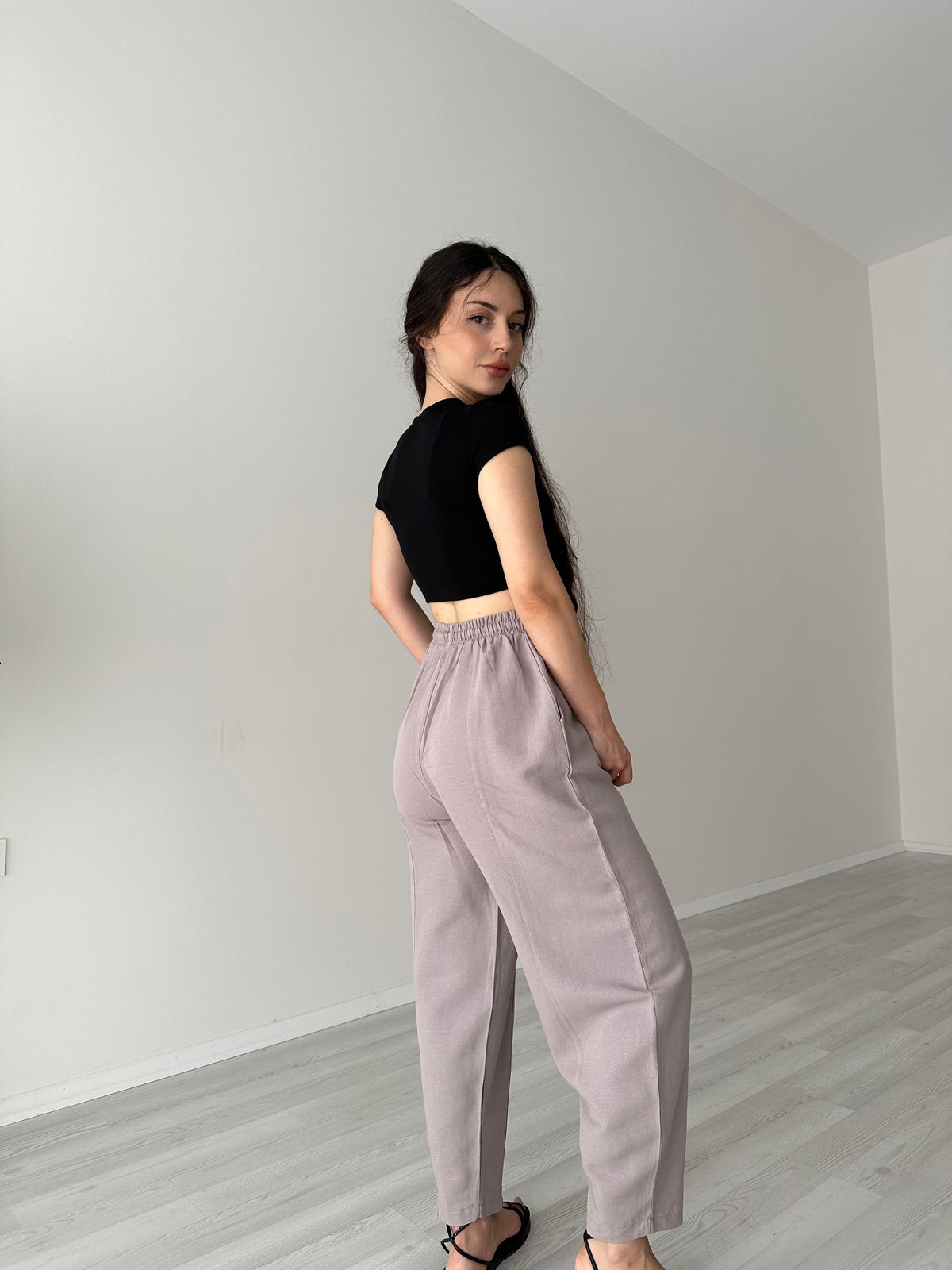 Yüksek Belli Keten Kahve Dar Paça Pantolon