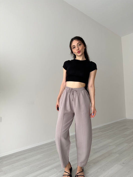 Yüksek Belli Keten Kahve Dar Paça Pantolon