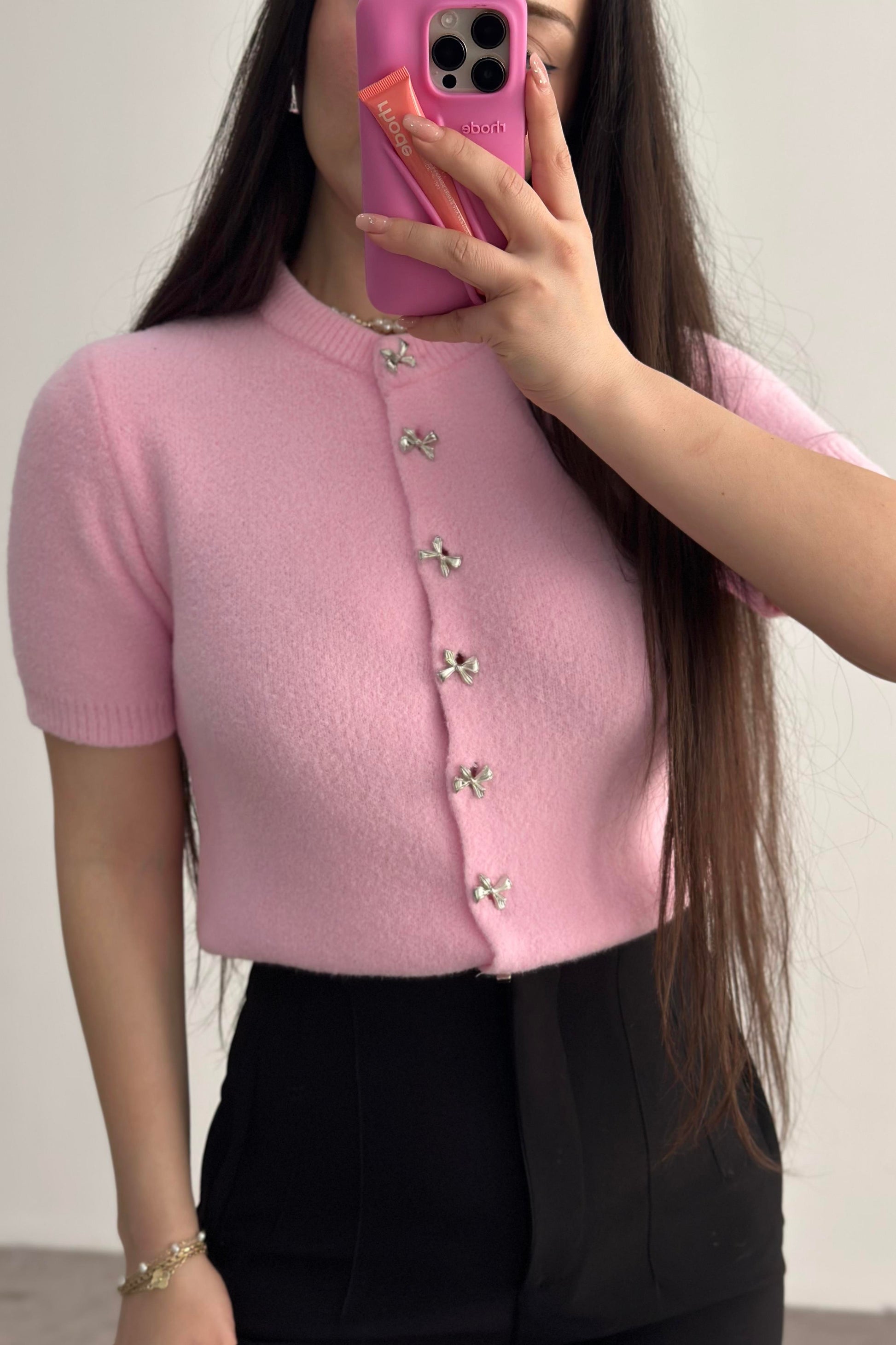 Yumoş Kurdele Düğmeli Pembe Hırka