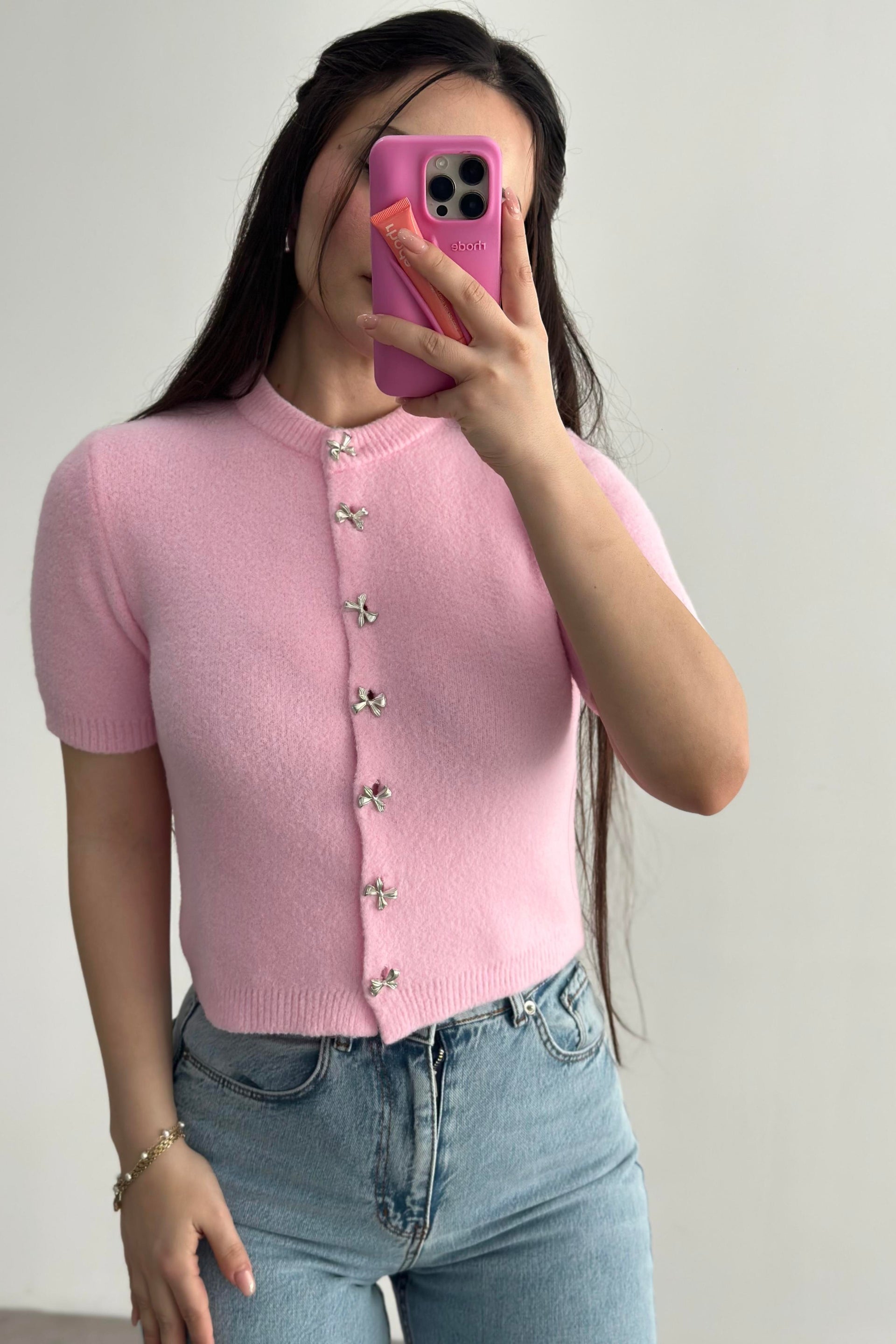 Yumoş Kurdele Düğmeli Pembe Hırka