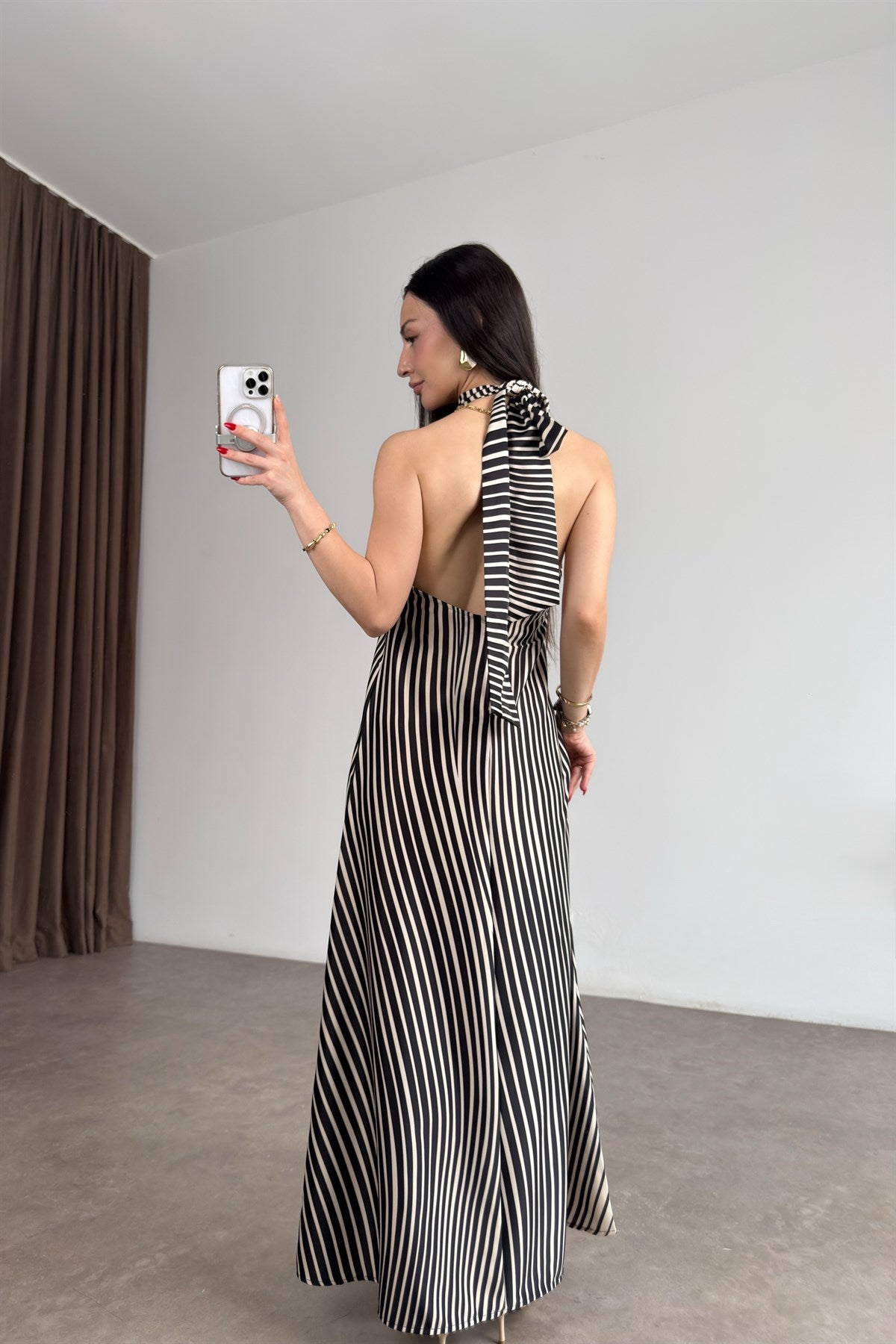 Zebra Desenli Boyundan Bağlama Uzun Elbise