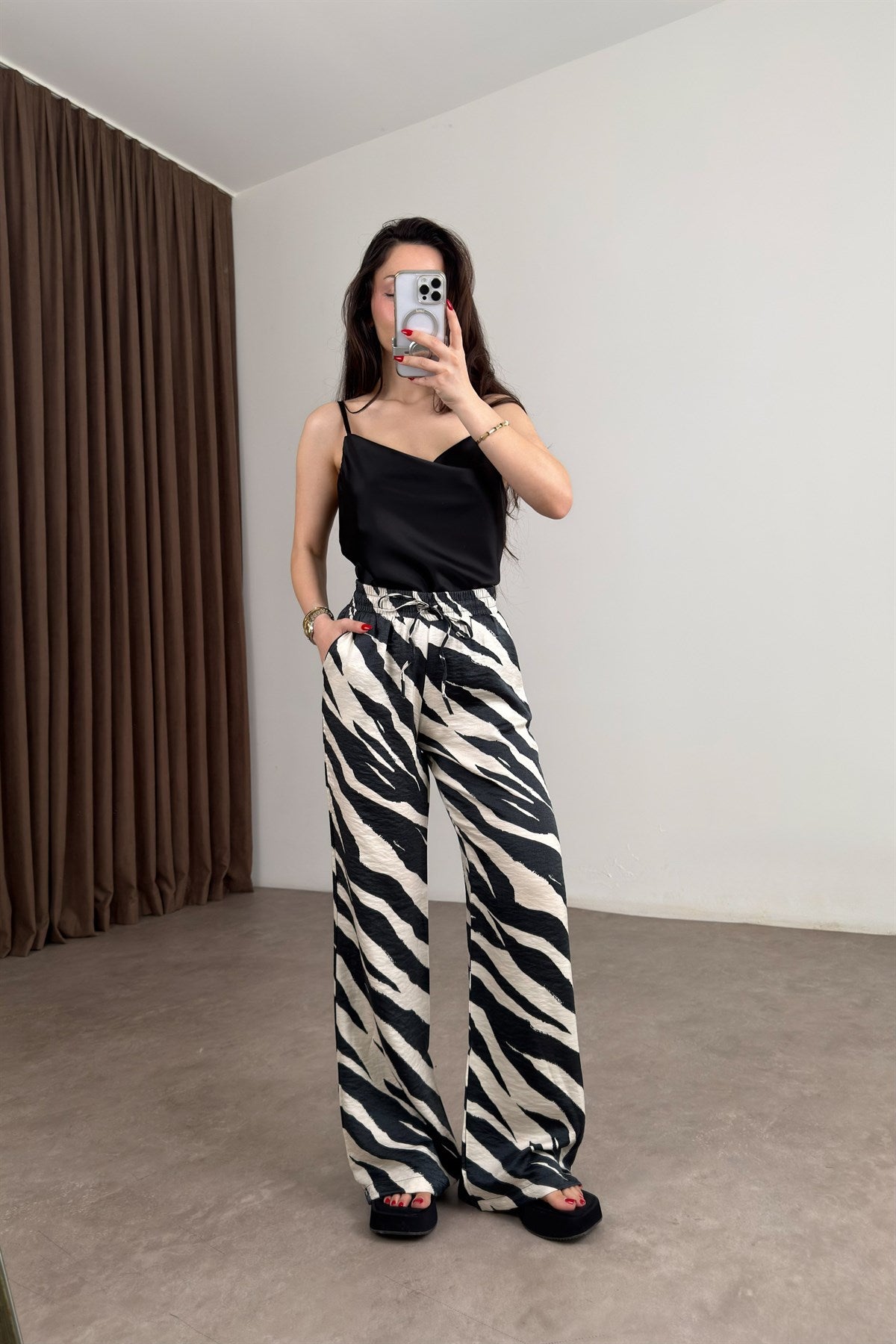Zebra Desenli Saten Pantolon