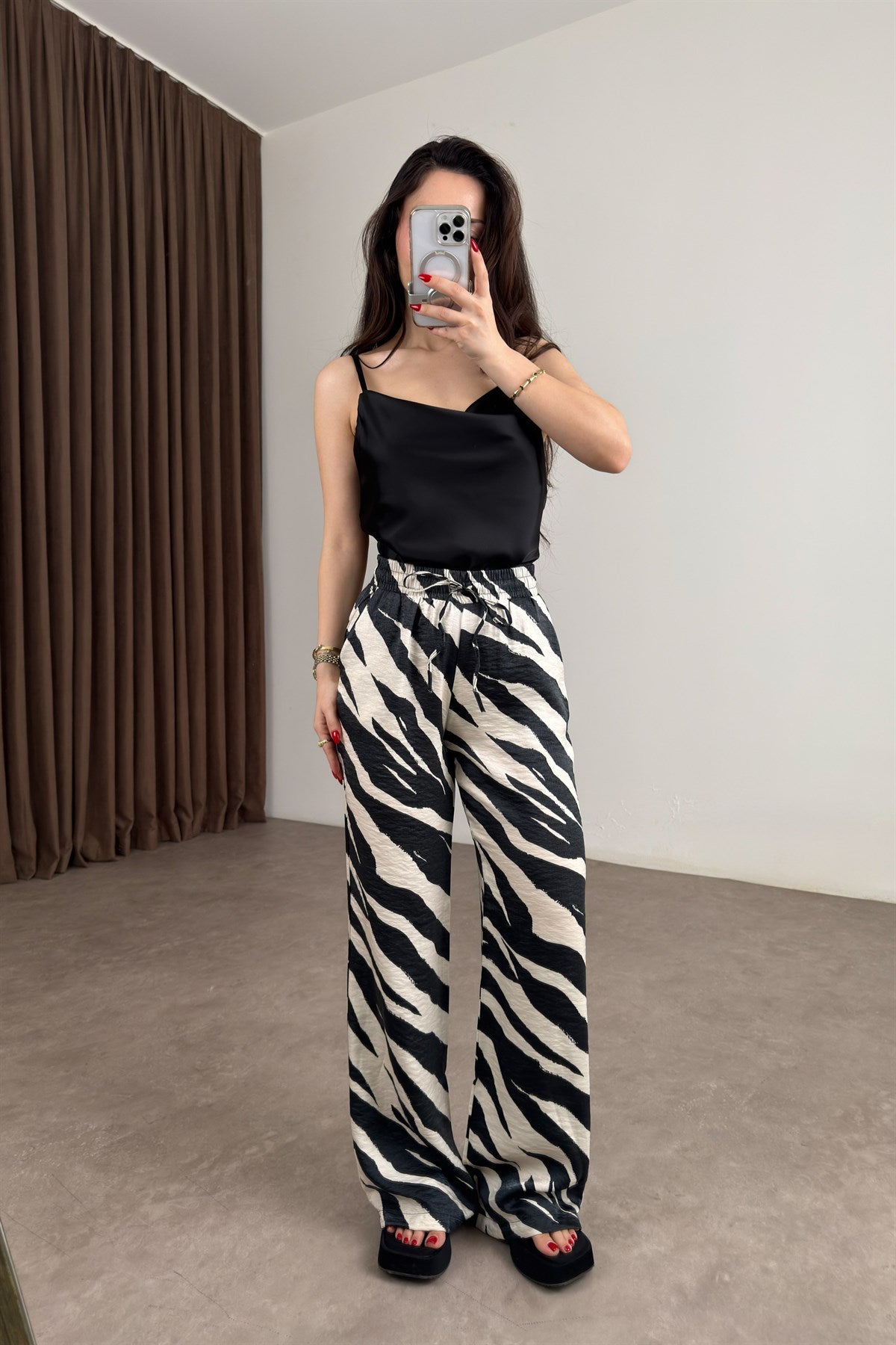 Zebra Desenli Saten Pantolon