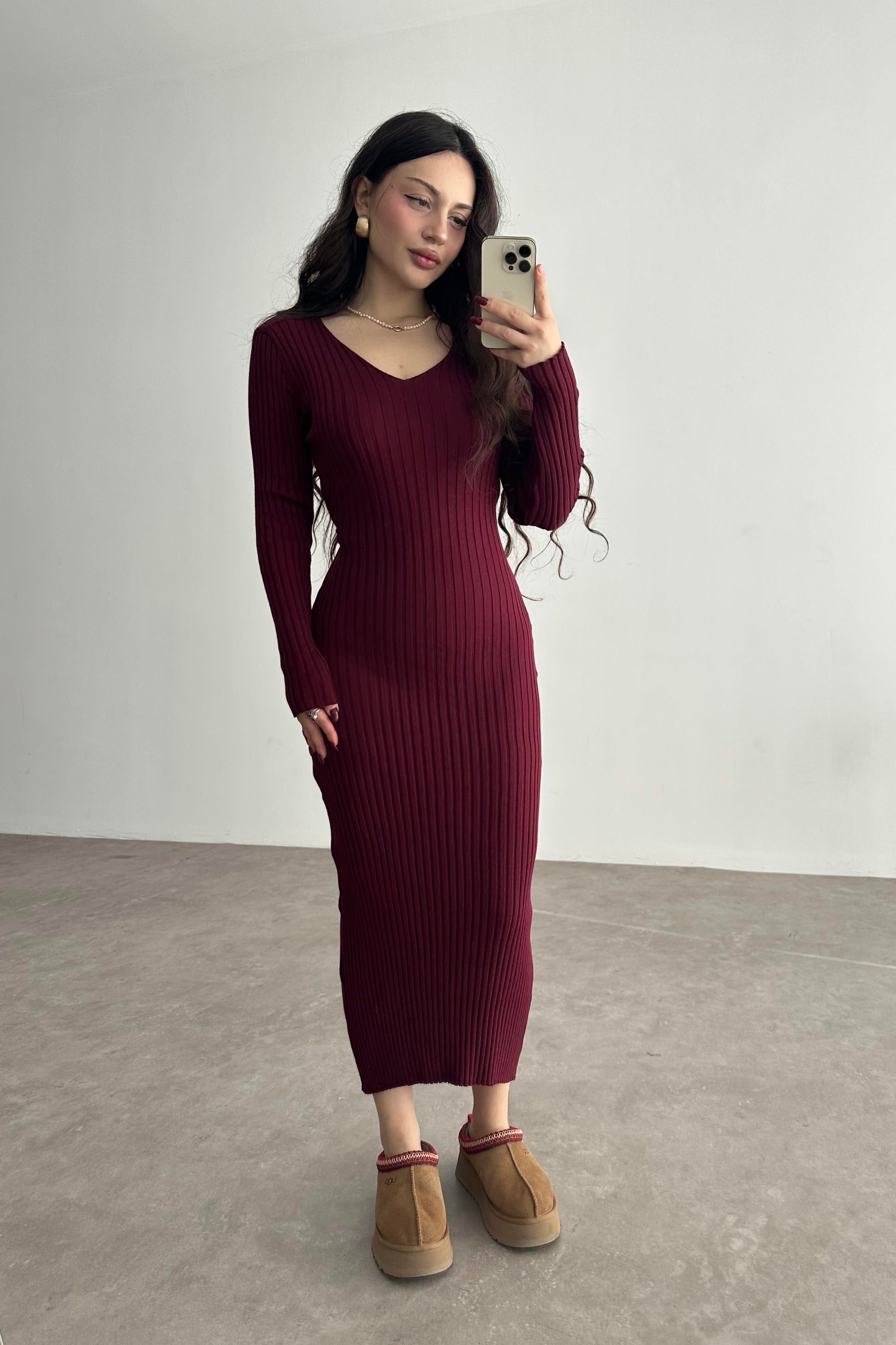 ZR Model Bağlama Detaylı Triko Bordo Elbise