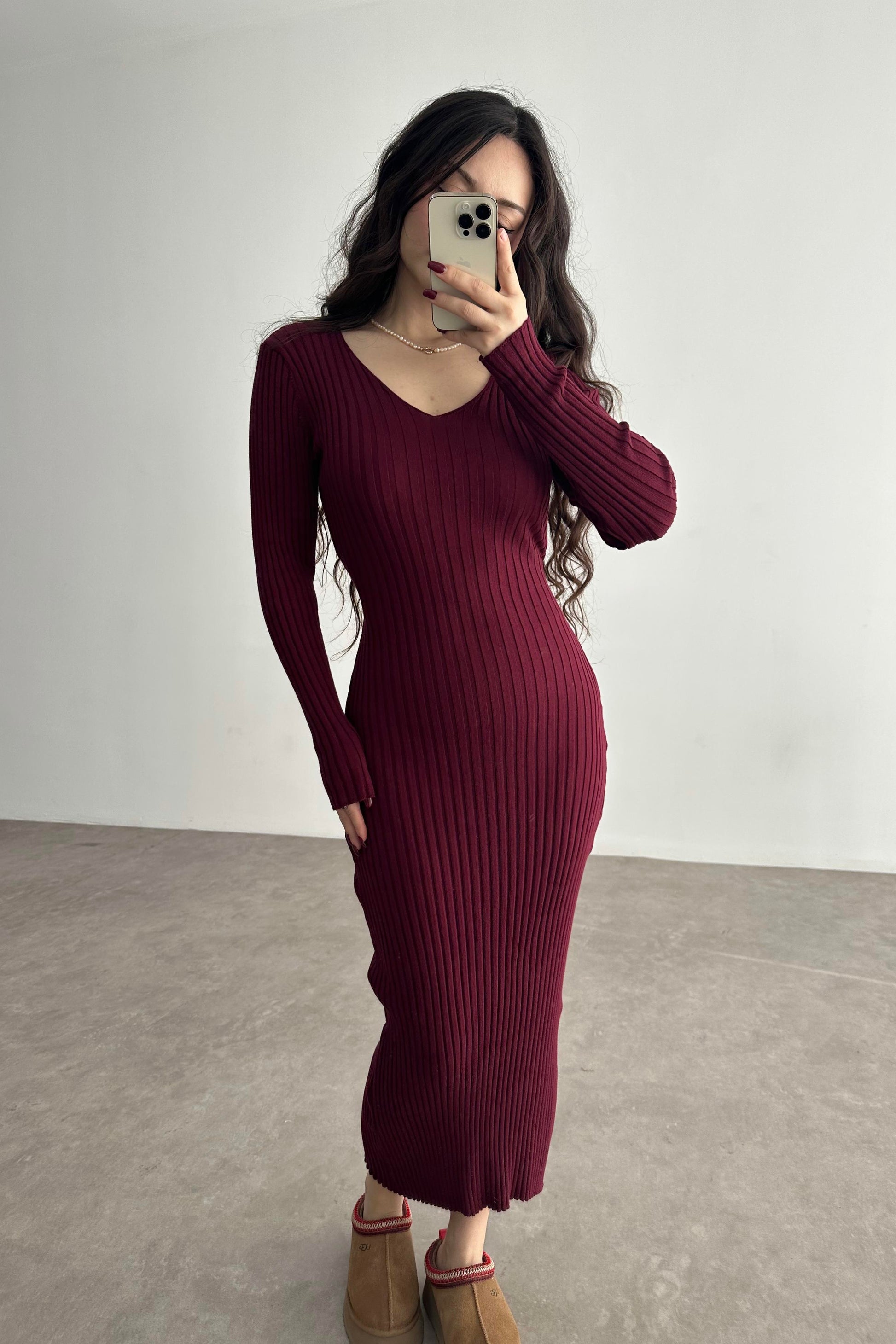 ZR Model Bağlama Detaylı Triko Bordo Elbise