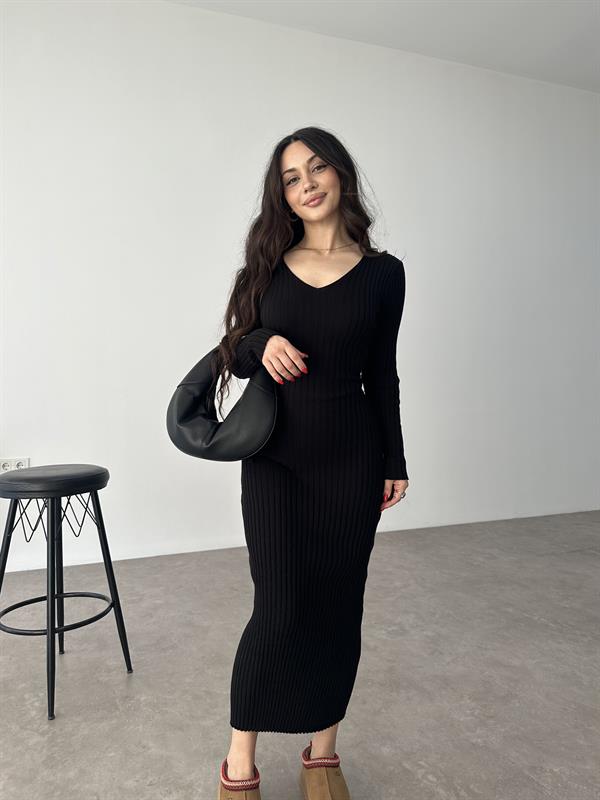 ZR Model Bağlama Detaylı Triko Siyah Elbise