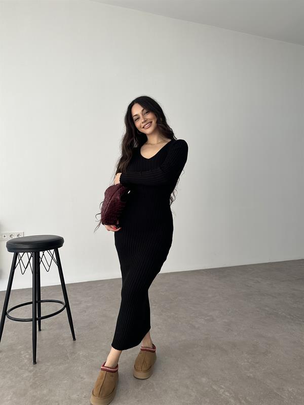ZR Model Bağlama Detaylı Triko Siyah Elbise