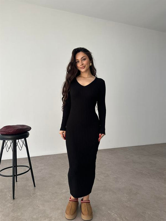 ZR Model Bağlama Detaylı Triko Siyah Elbise
