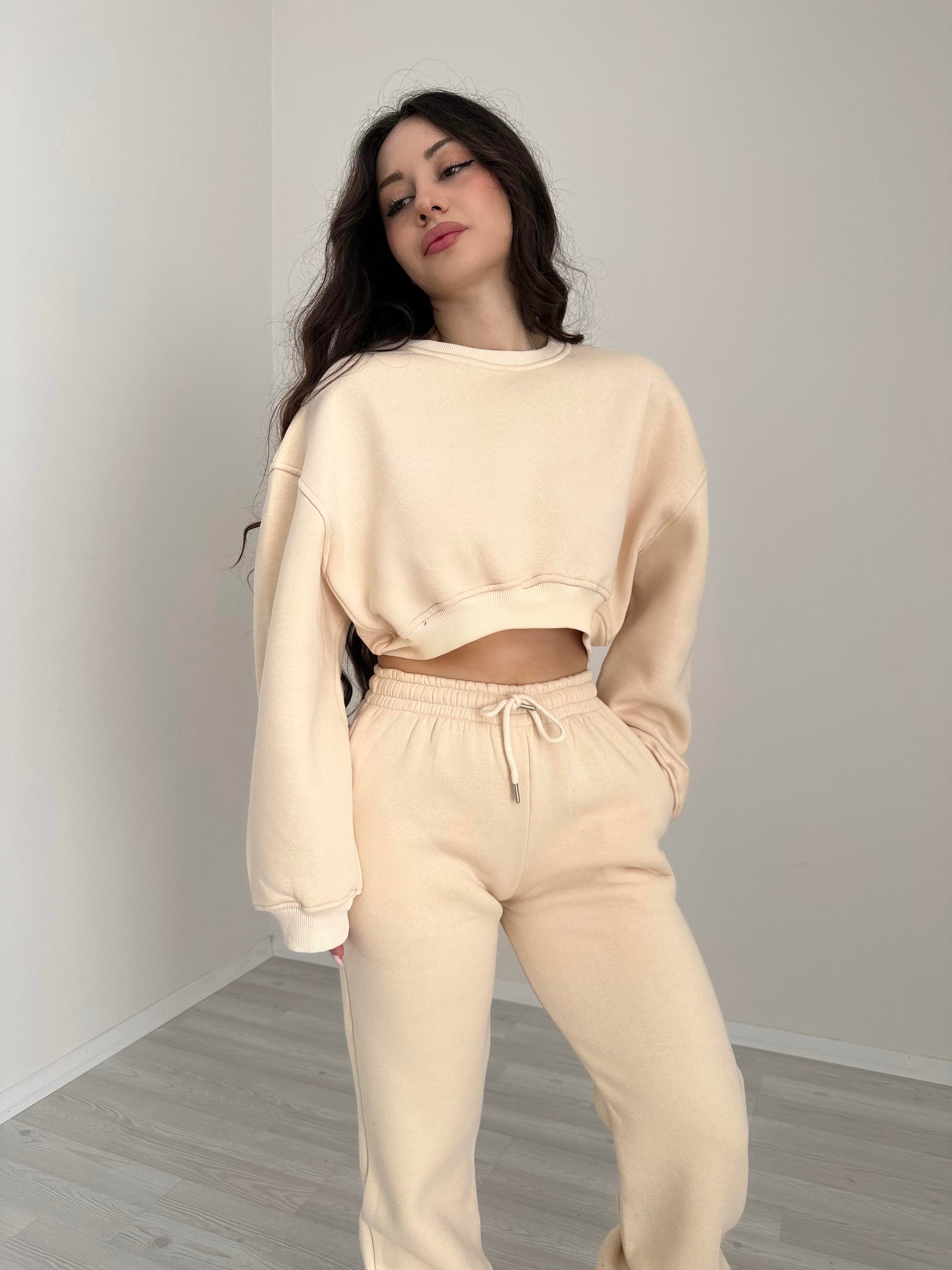 ZR Model Crop Bej Eşofman Takımı