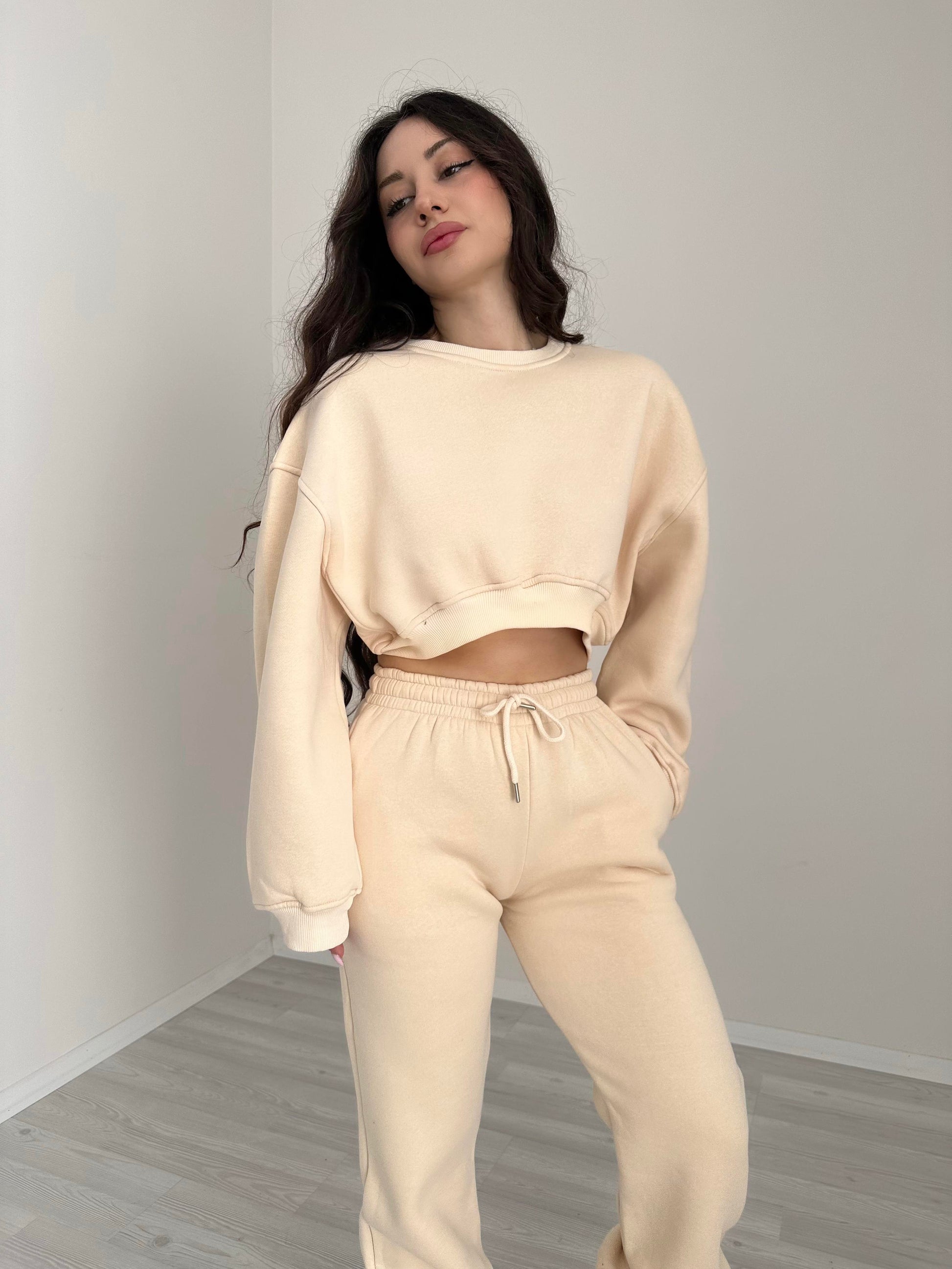 ZR Model Crop Bej Eşofman Takımı