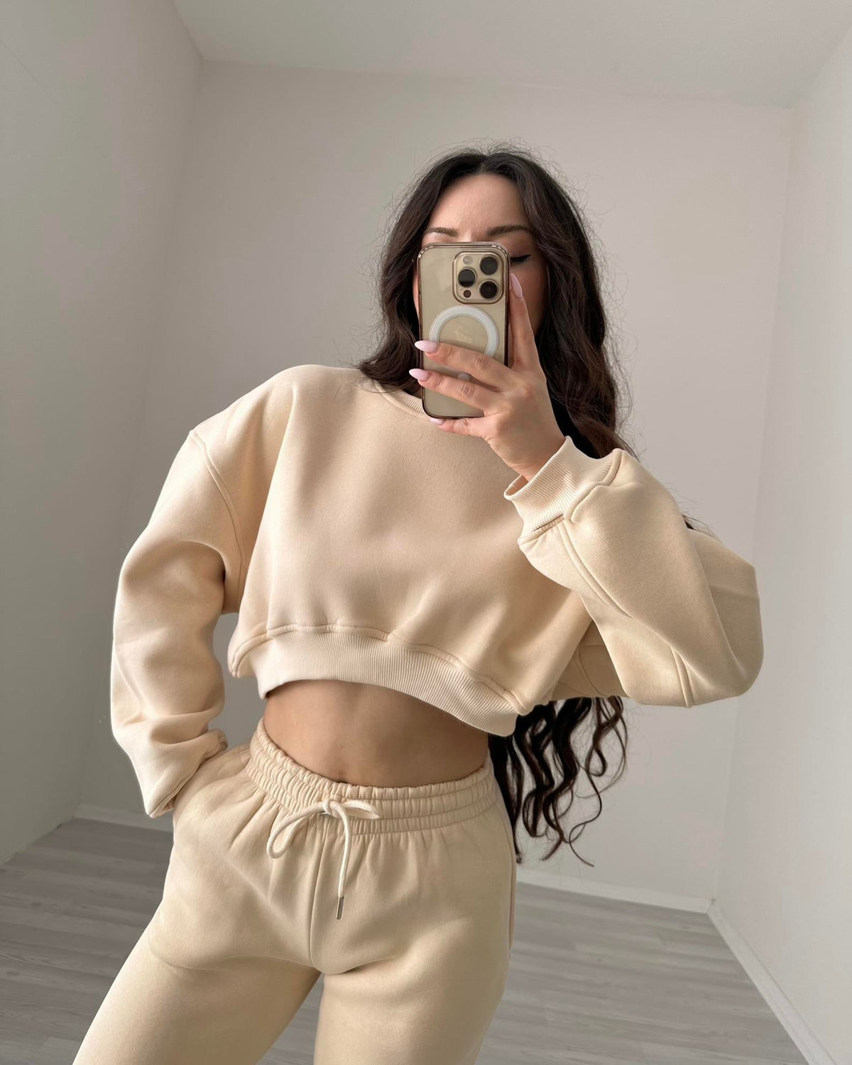 ZR Model Crop Bej Eşofman Takımı