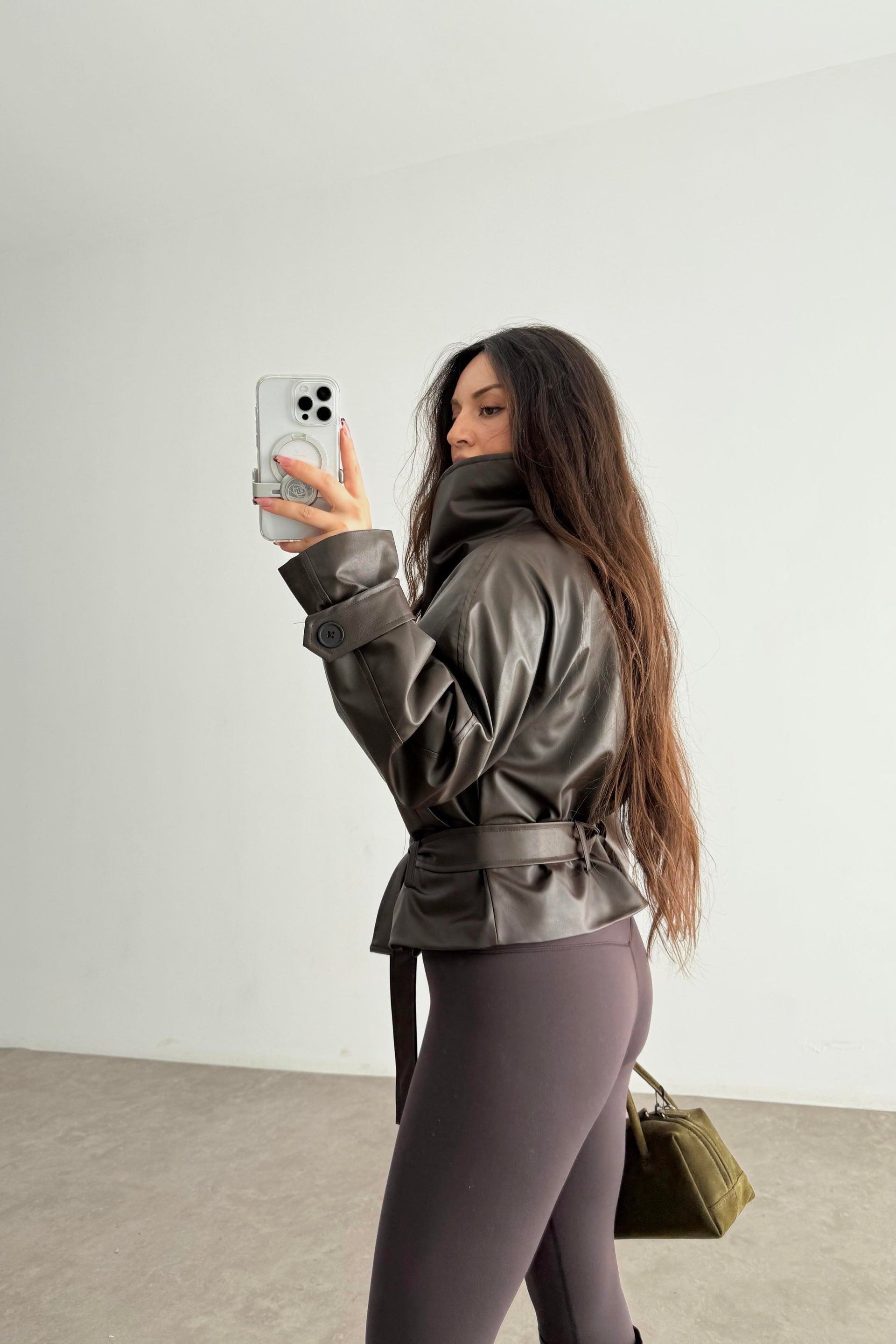 Zr Model Dik Yakalı Deri Acı Kahve Trençkot