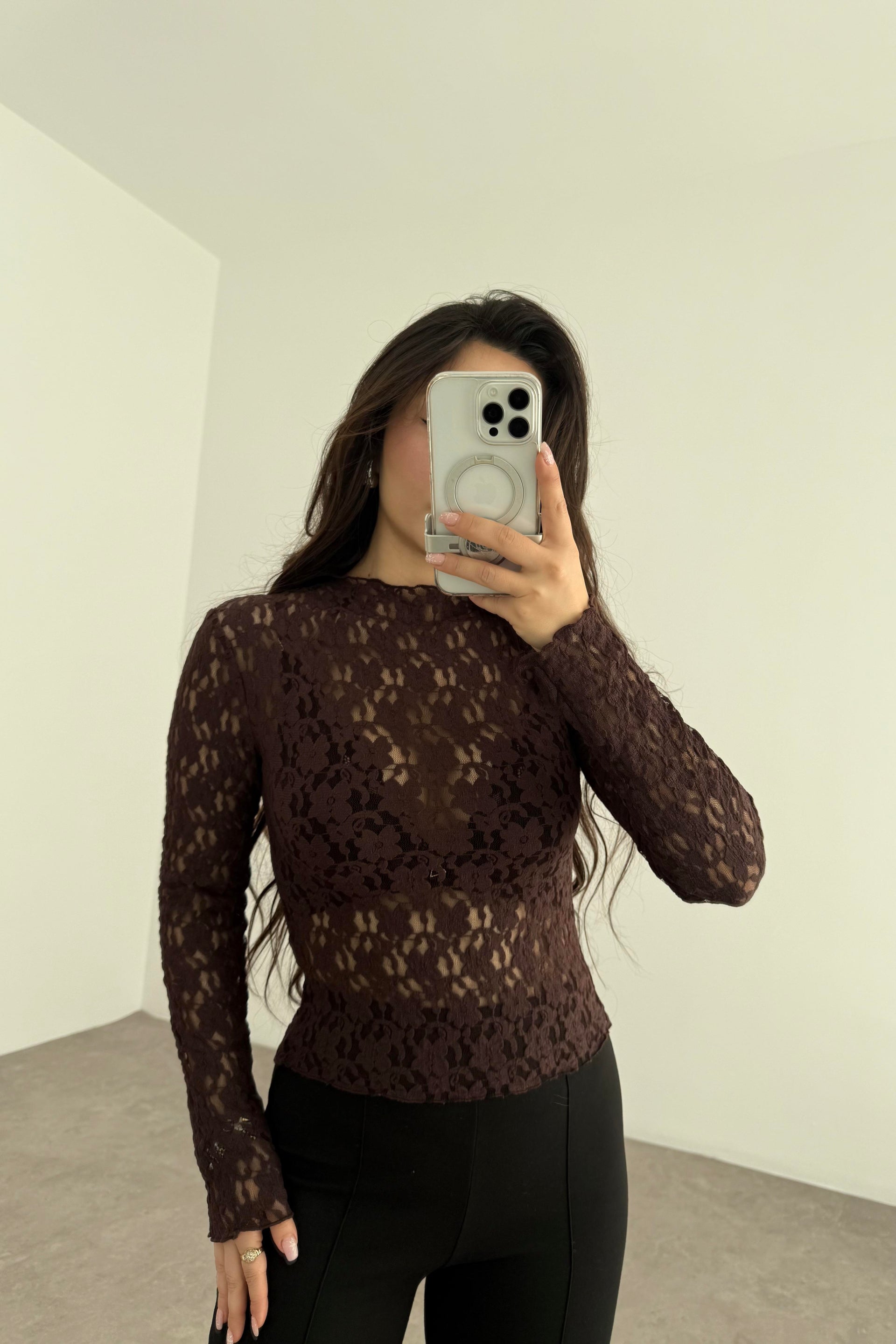 Zr Orijinal Çiçek Güpürlü Kahve Transparan Body