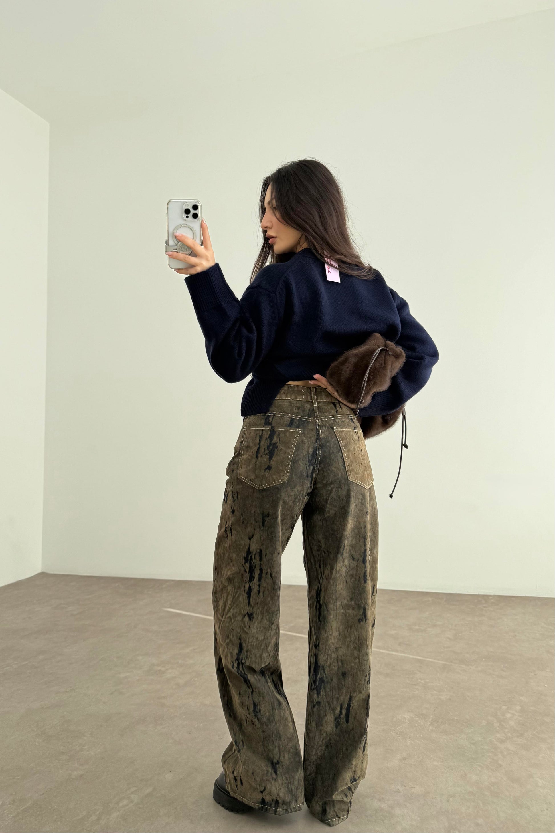 ZR Süet Kaplı Eskitme Detaylı Denim Haki Jean