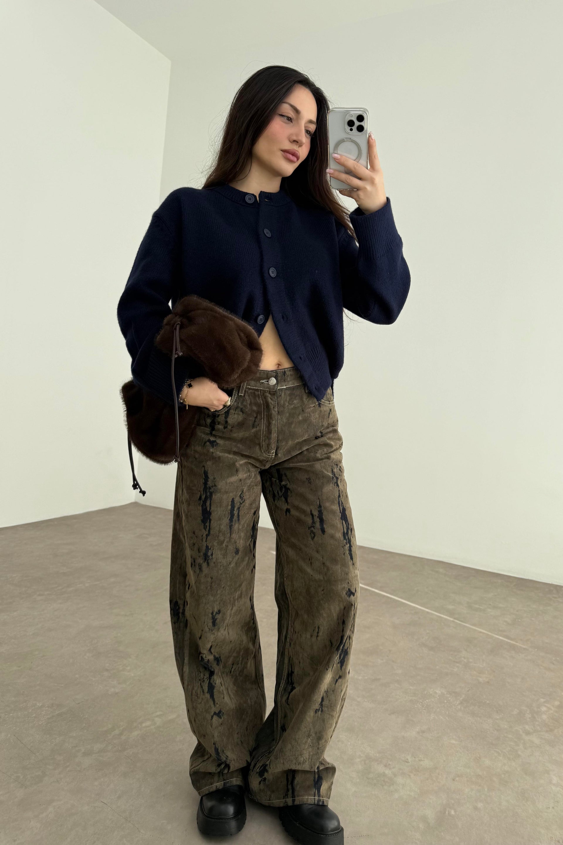 ZR Süet Kaplı Eskitme Detaylı Denim Haki Jean