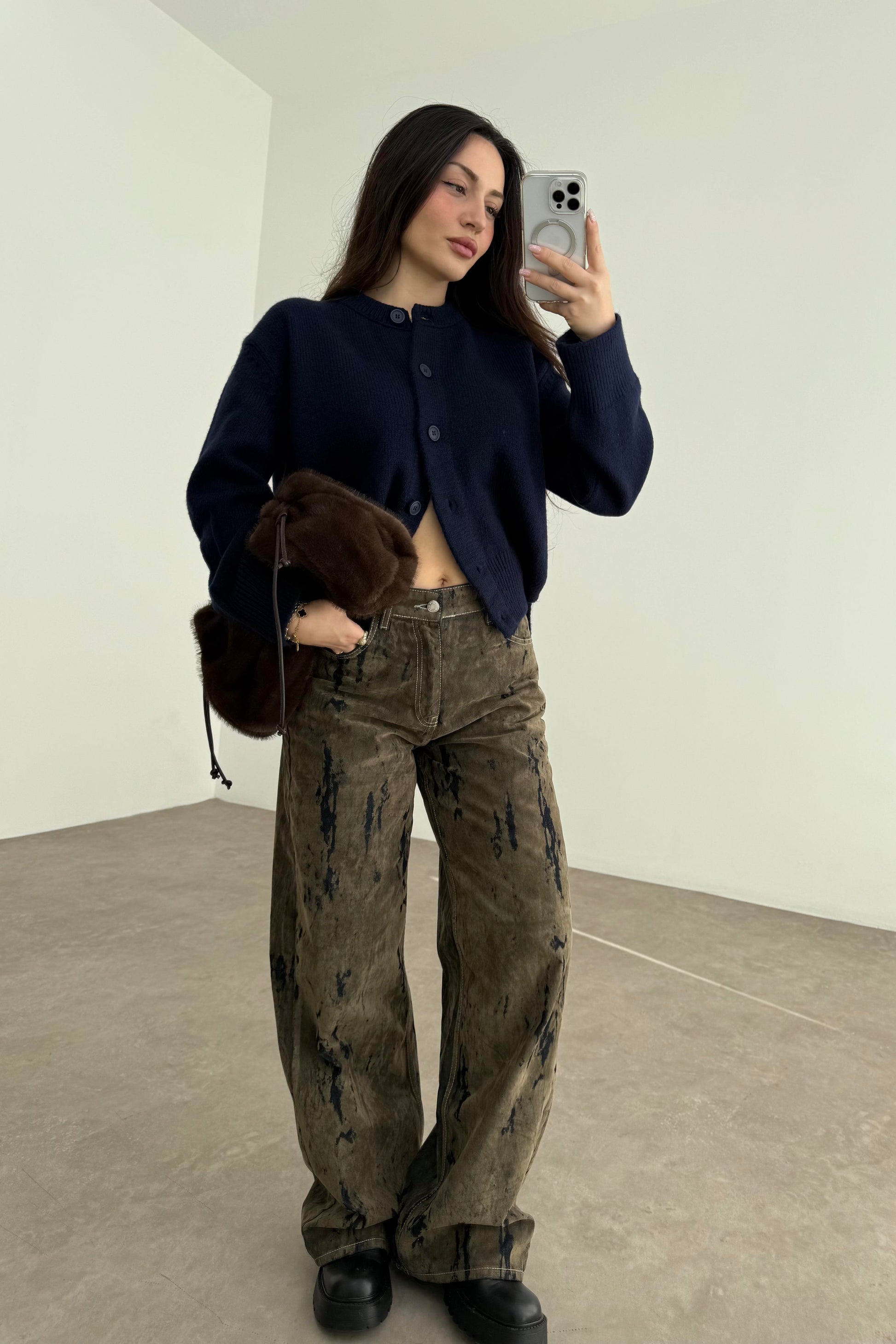 ZR Süet Kaplı Eskitme Detaylı Denim Haki Jean