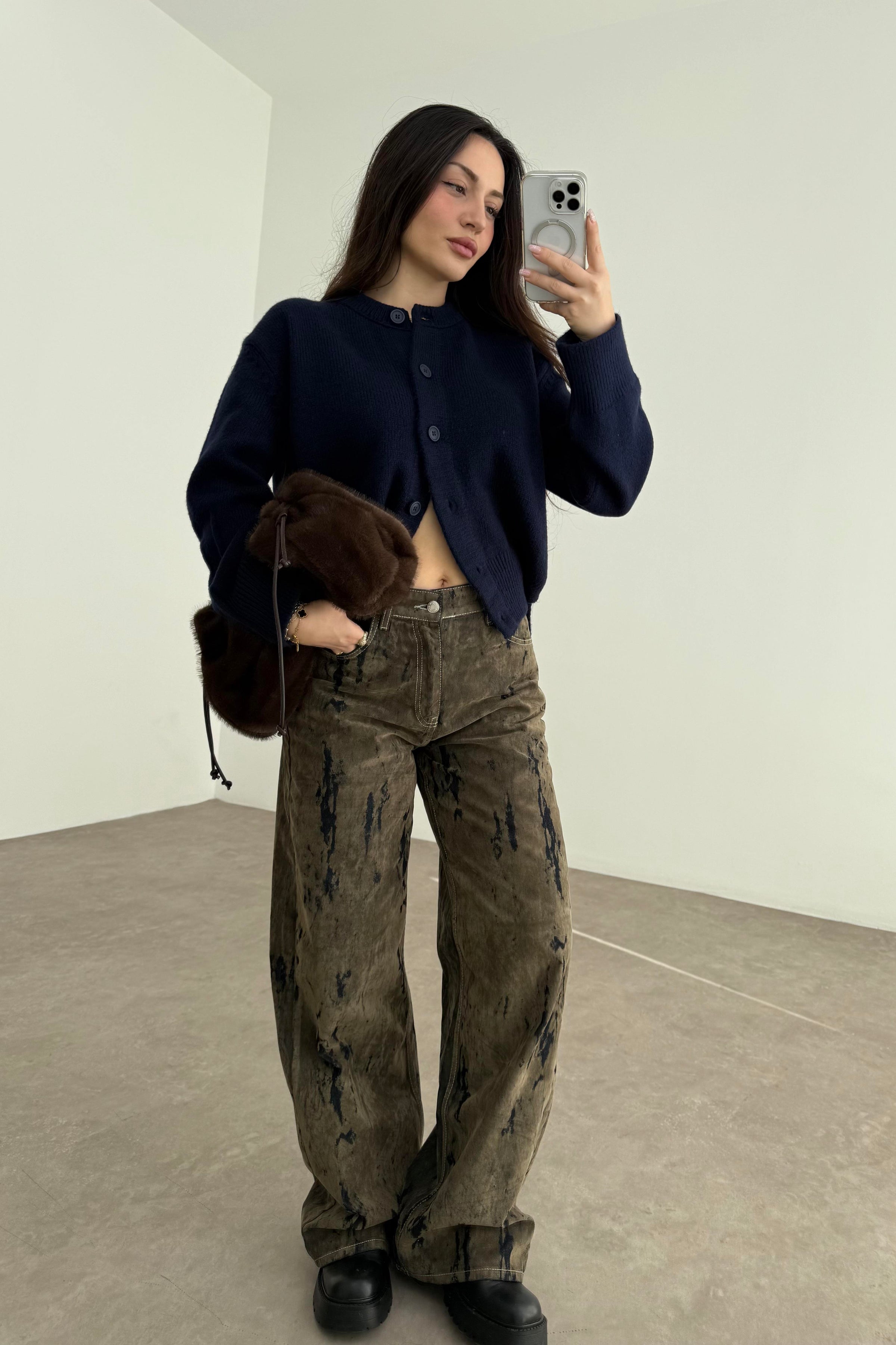 ZR Süet Kaplı Eskitme Detaylı Denim Haki Jean