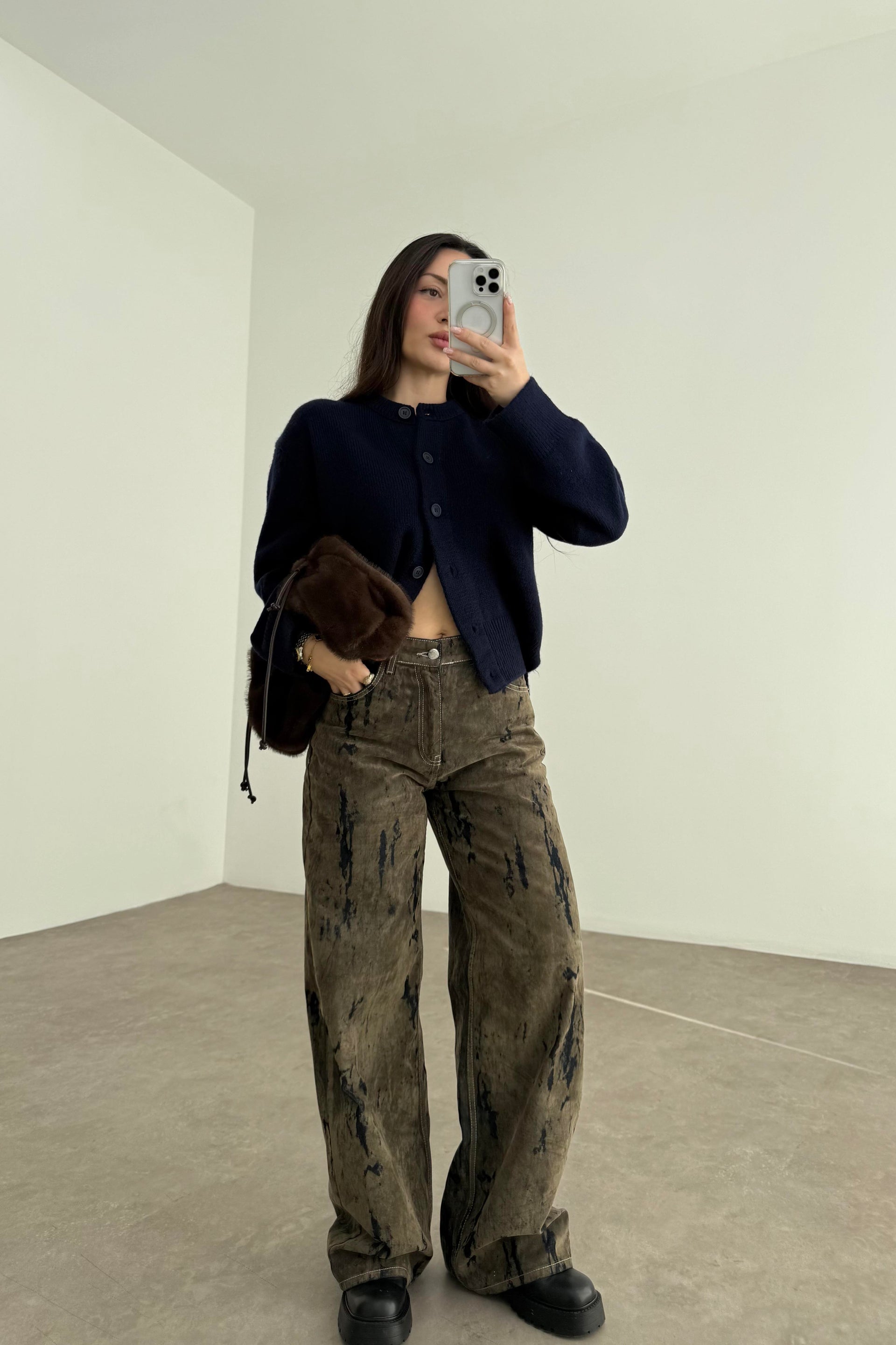 ZR Süet Kaplı Eskitme Detaylı Denim Haki Jean