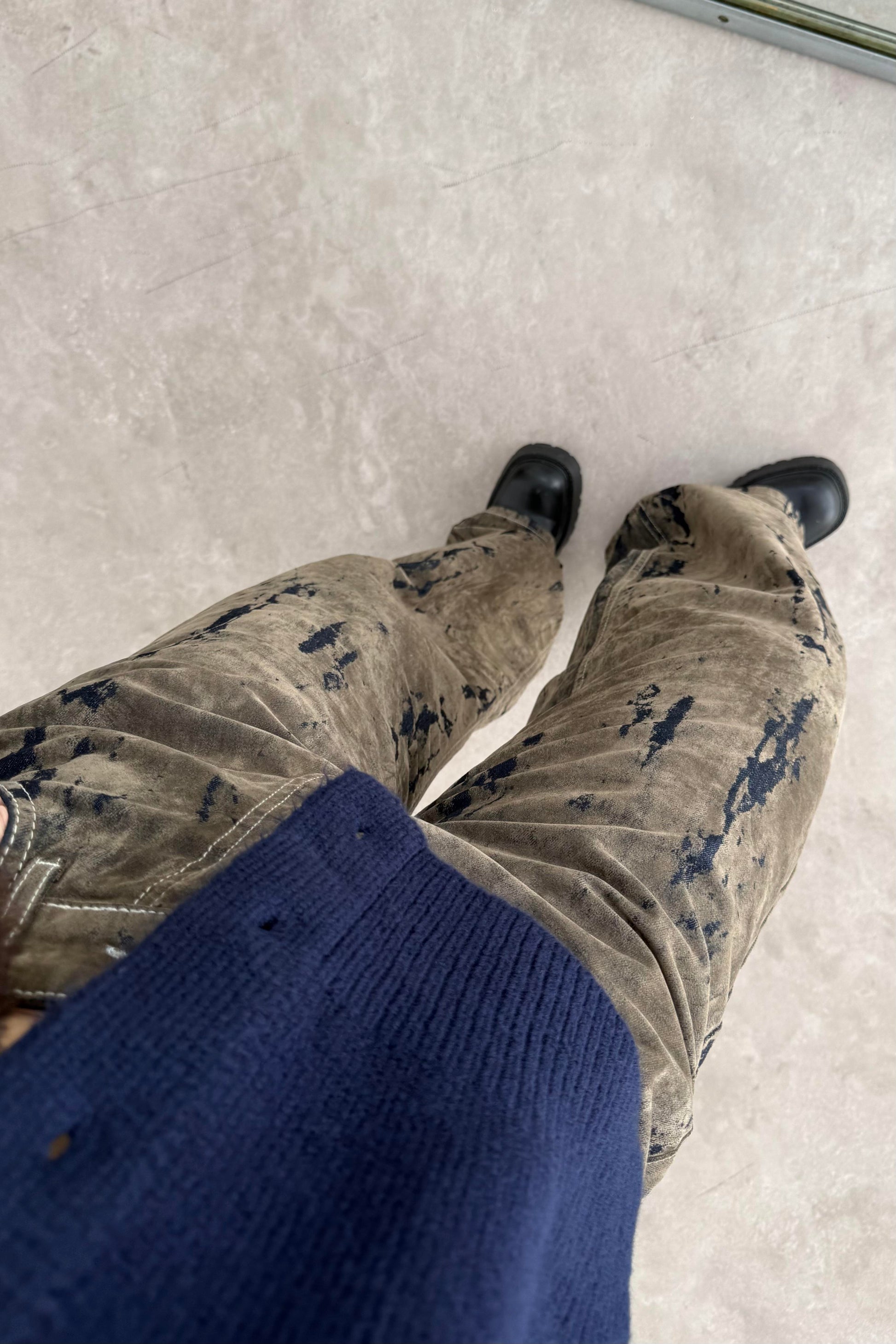 ZR Süet Kaplı Eskitme Detaylı Denim Haki Jean