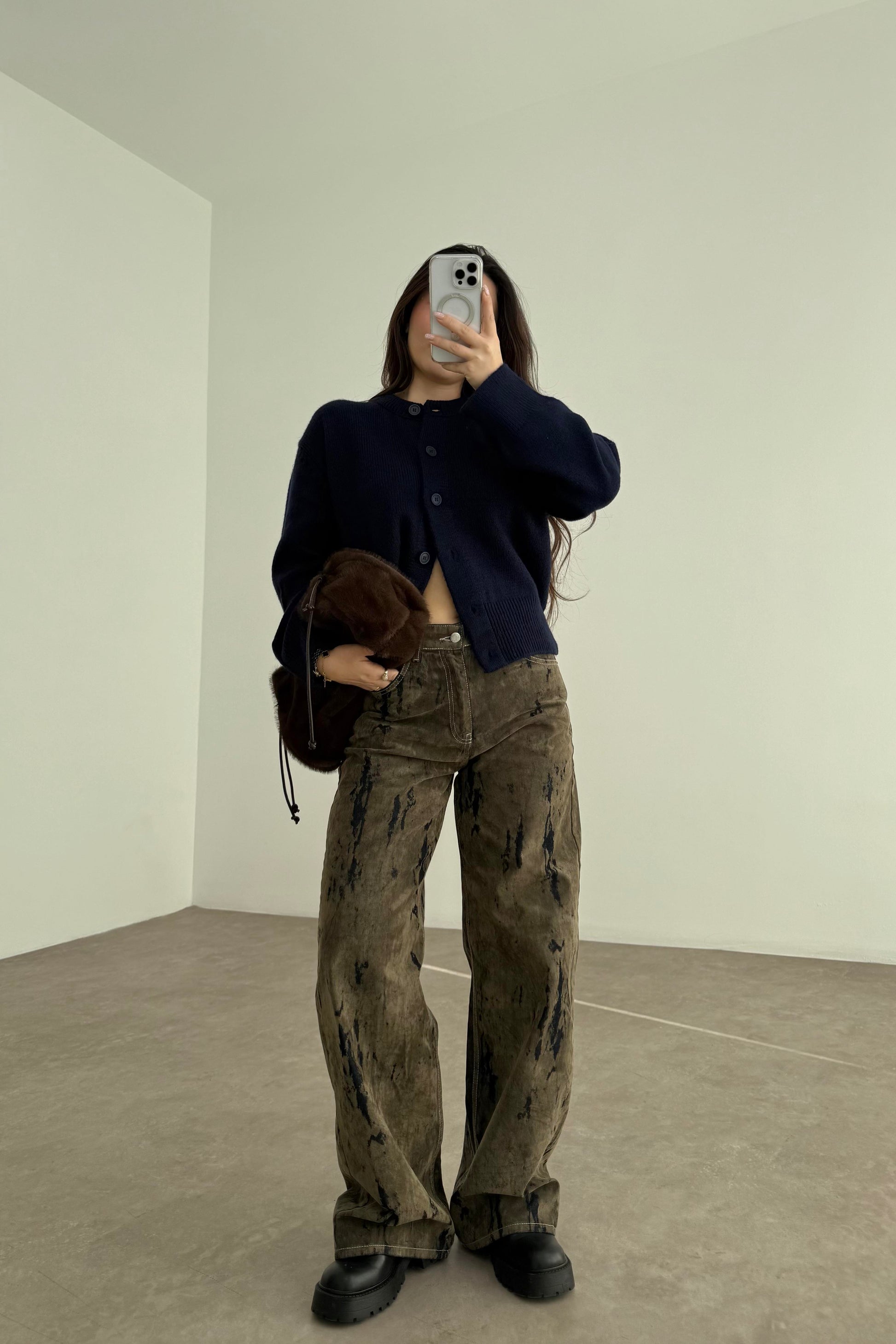 ZR Süet Kaplı Eskitme Detaylı Denim Haki Jean
