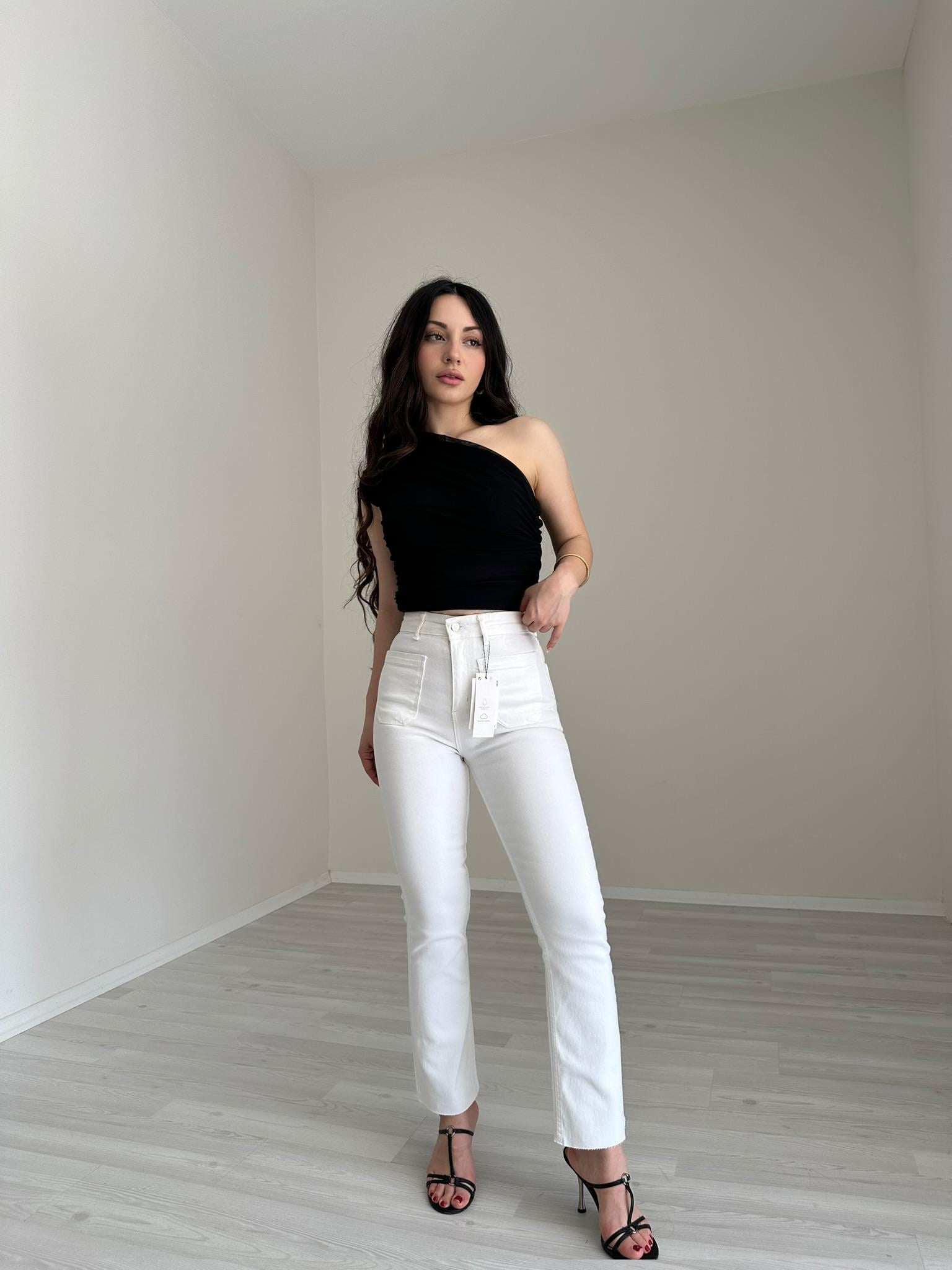 ZRA Bilek Flare Cep Detaylı Jean (Beyaz)