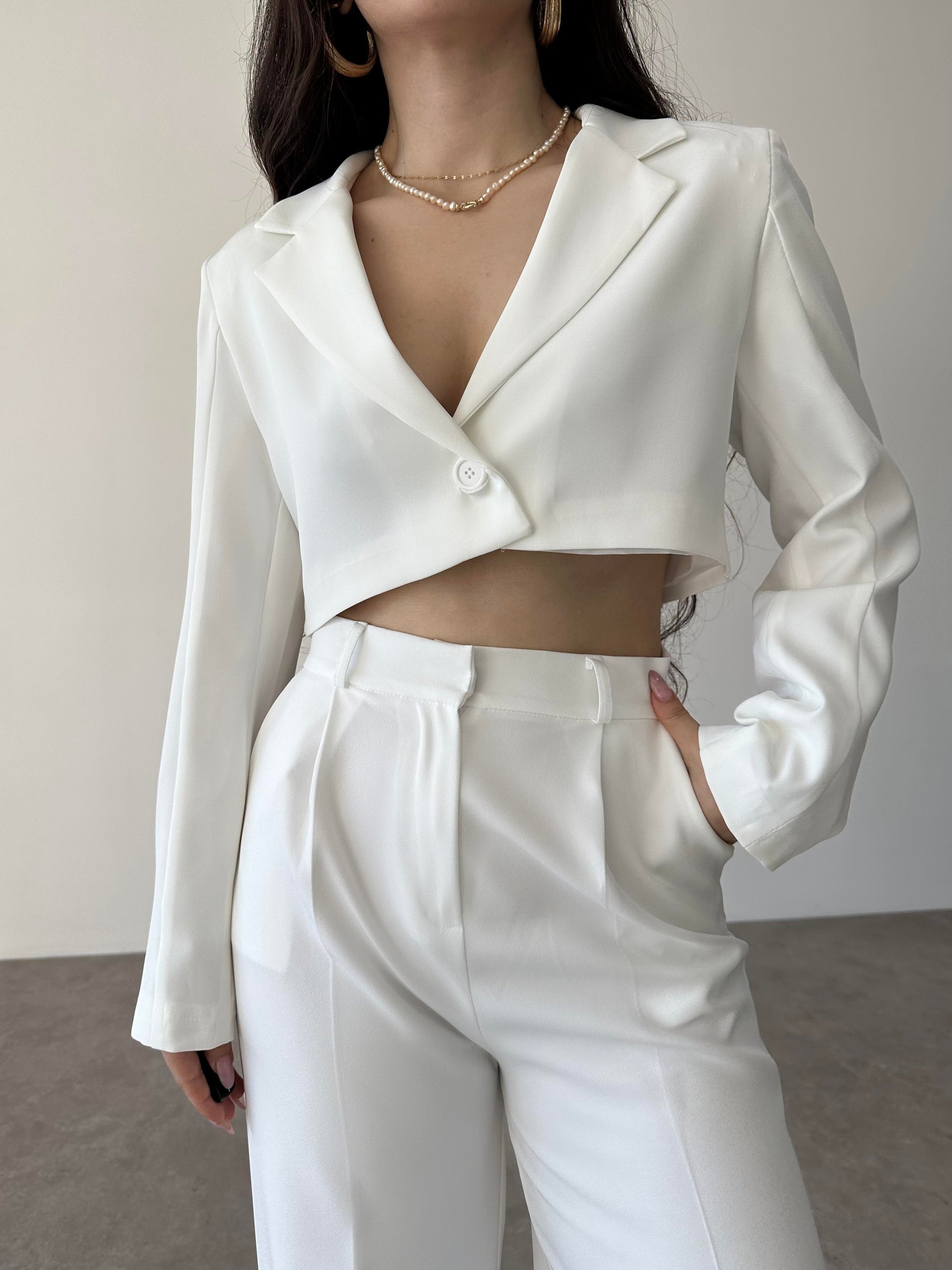 Zra Crop Beyaz Blazer Ceket